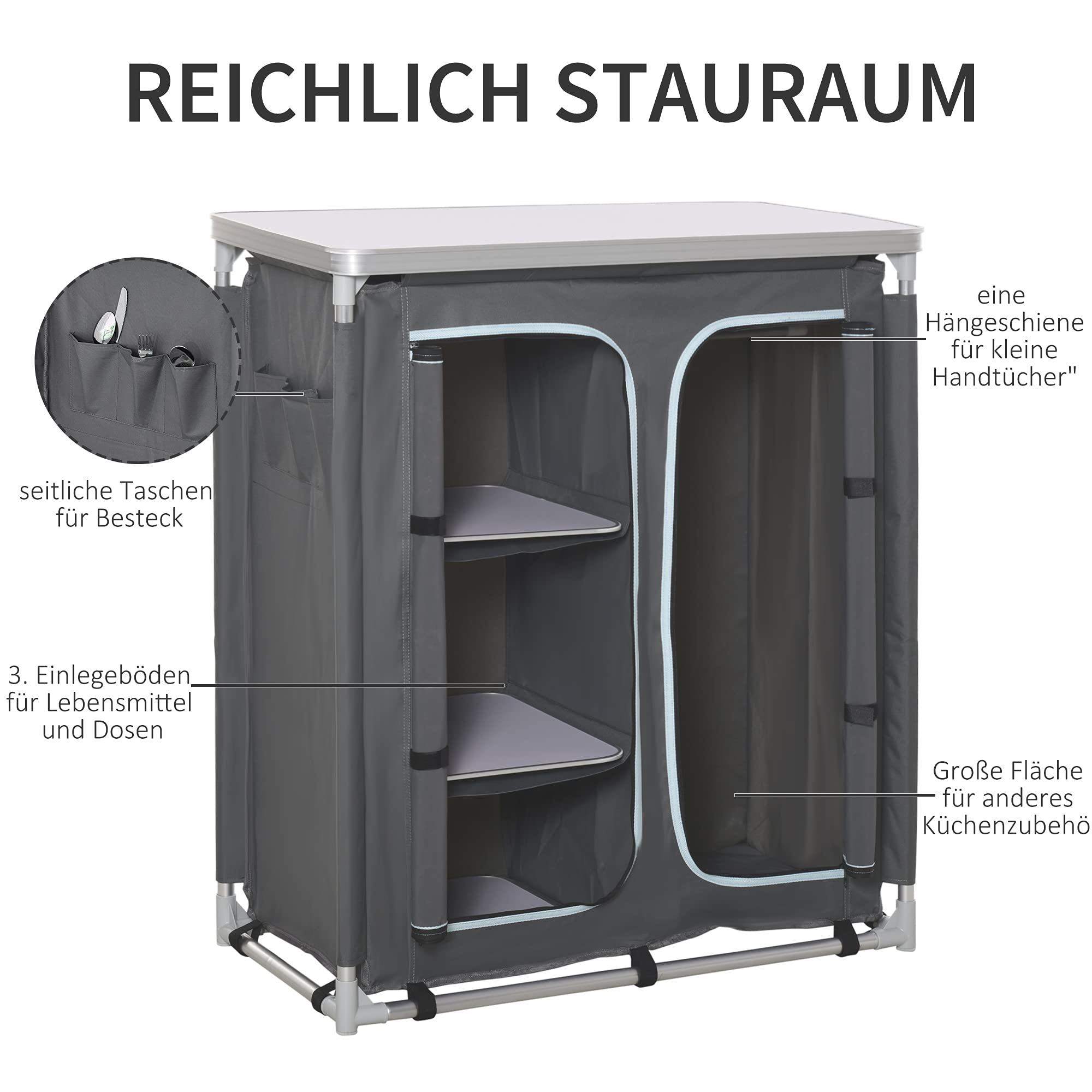 Outsunny Campingschrank Küchenbox tragbar mit Arbeitsplatte Tragetasche 3 Ablagen 1 Schrank 600D Oxford Stoff Grau 96 x 49,5 x 104 cm