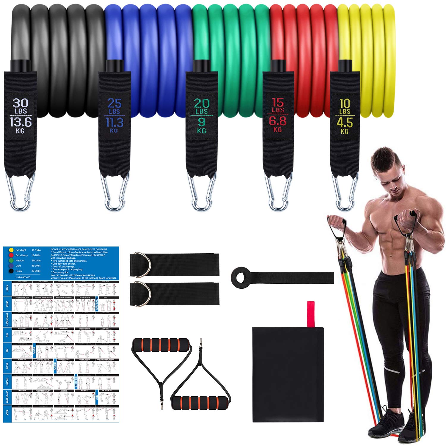 Mokani Resistance Bands Set (11pcs), Exercise Bands with Door Anchor & Handles, Home Gym Equipment Men Women Legs Ankle for Resistance Training, Home Workouts, Fitness