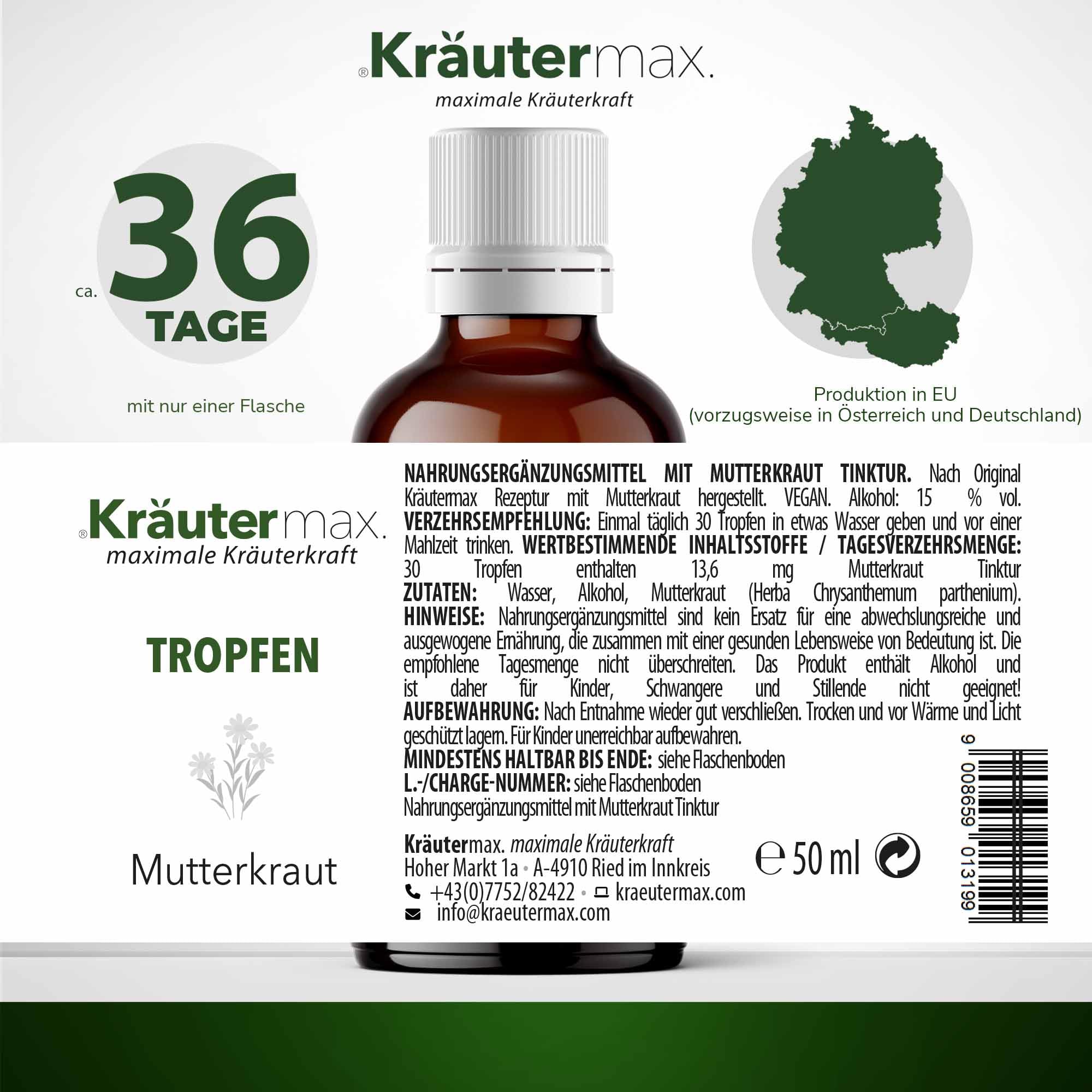 Kräutermax Mutterkraut Tropfen Tinktur 1 x 50 ml, Vegan, mit Herba Chrysanthemum Parthenium