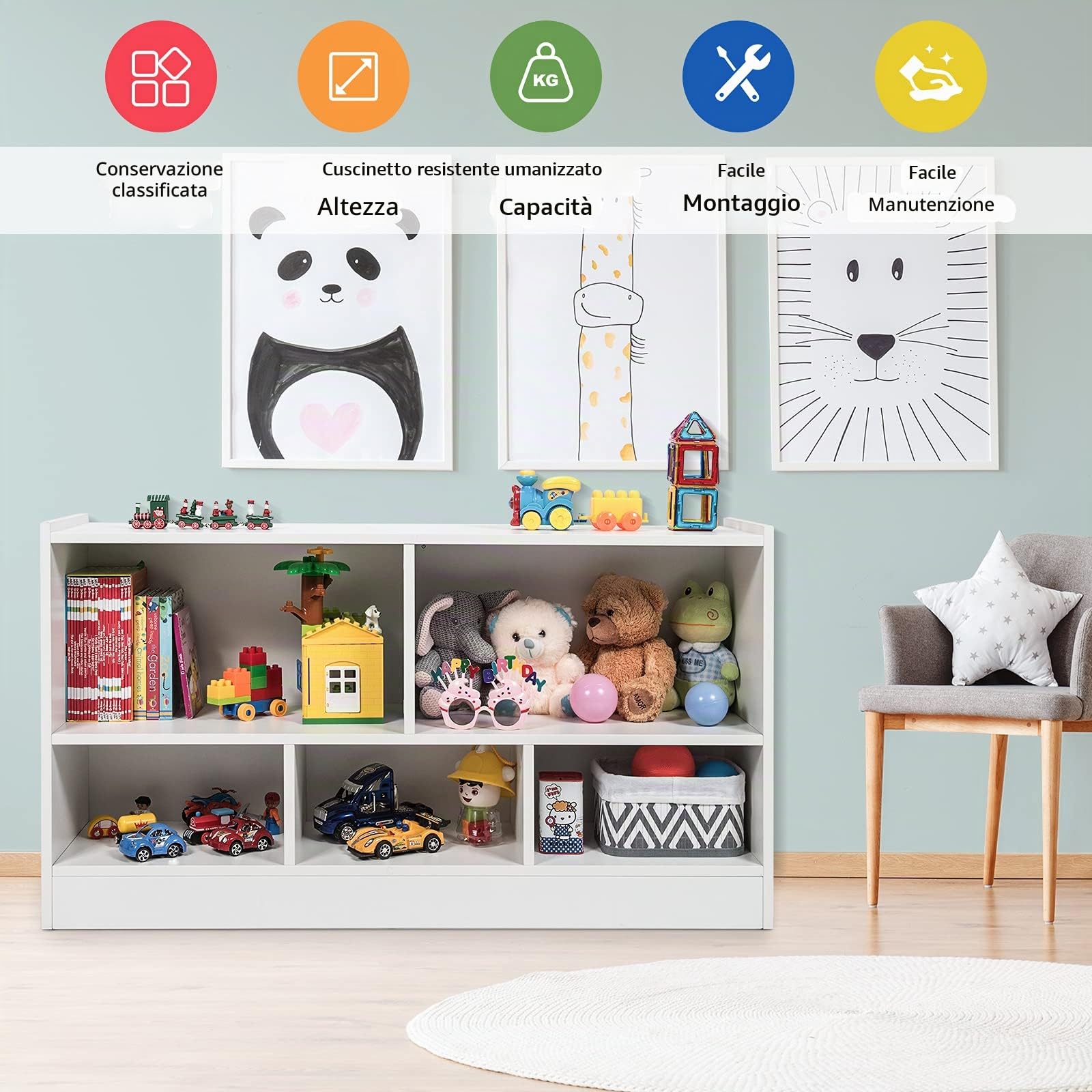RELAX4LIFE Libreria Scaffale in Legno per Bambini, Portagiochi per Bambini, Scaffale per Cameretta e Asilo Nido, 111 x 30 x 61,5 cm (Bainco)
