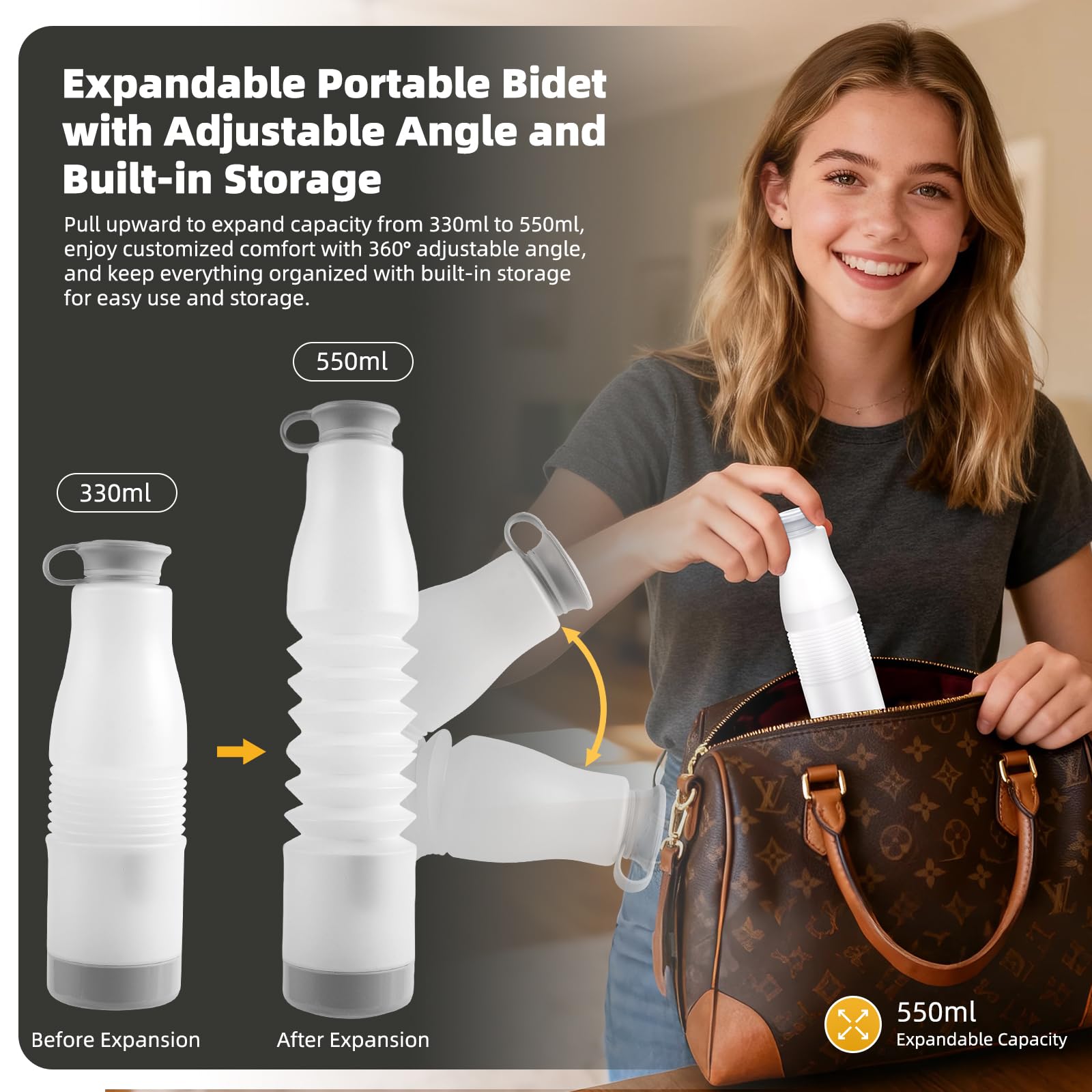 Hibbent Bidet portatile da viaggio, spruzzatore elettrico portatile ad alta pressione, bottiglia espandibile da 350-550 ml per igiene personale, ricaricabile USB-C, impermeabile, bidet da viaggio per