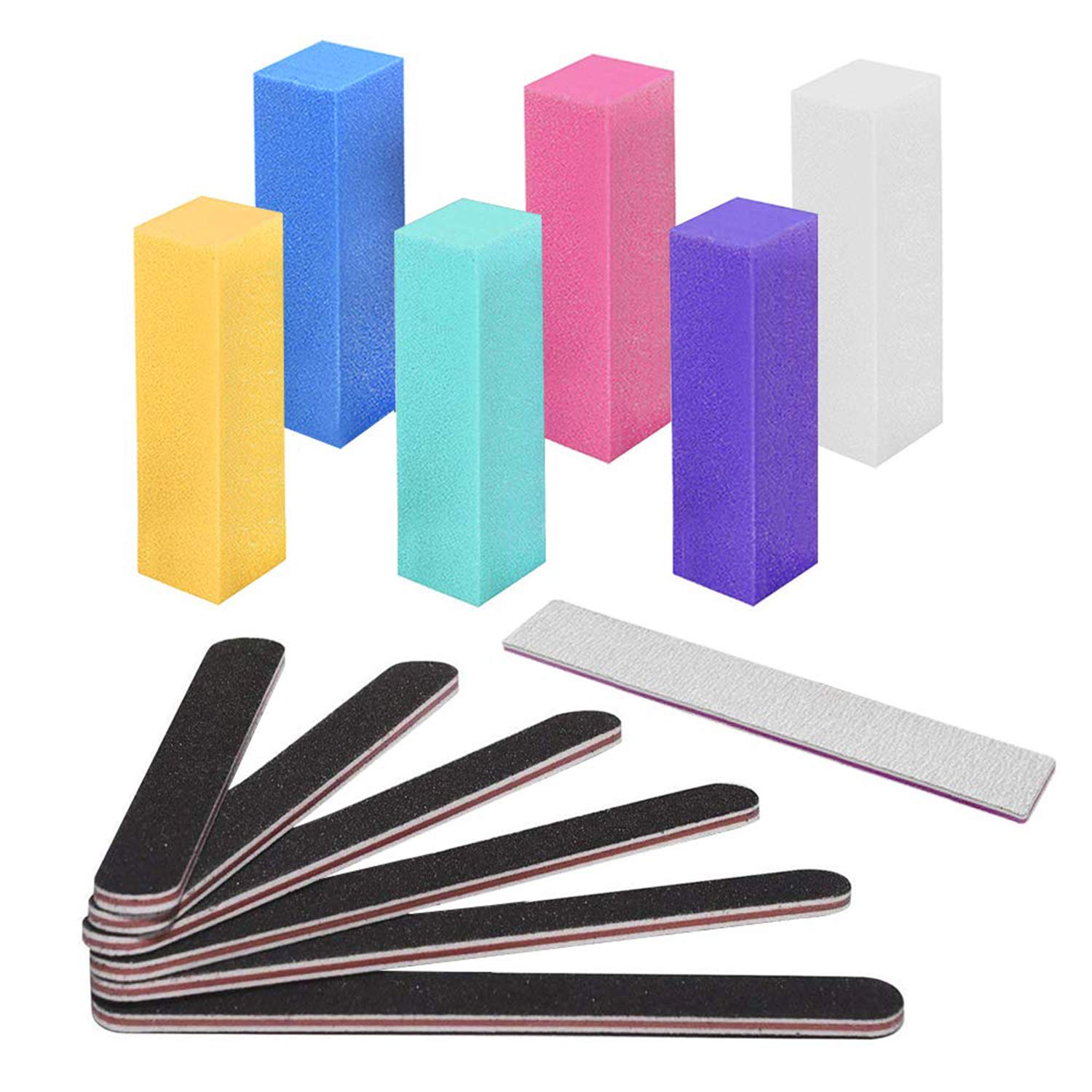 DELFINO Nail File and Buffer, Professional Manicure Tools Kit 6pcs Rectangular Art Care Buffer Block 6pcs 100/180 Grit Doublesided Nail Files 1pcs Purple 180/240 Emery Board, 13Pcs (Color Radom)