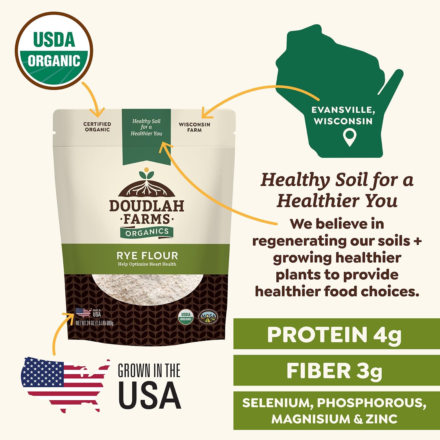 Organic Rye Flour 25 lb Bulk - Non-GMO, USDA Organic, Low Gluten, Vegan, For Baking, Cooking, Supports Heart Health & Digestion - USA Grown by Doudlah Farms