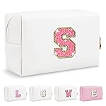 Small Personalized Initial A-Z Patch Makeup Bag,White Cute PU Leather Glitter Letter Cosmetic Bag for Teen Girls,Travel Toiletry Bag with Zipper,Preppy Monogrammed Birthday Gift for Daughter Niece S