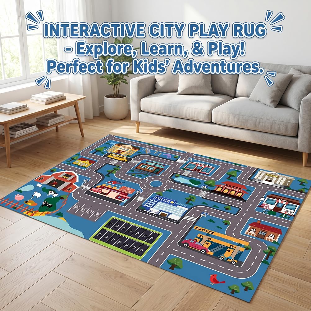 Tappeto da gioco per auto giocattolo, Tappeto Stradale per Bambini, per Bambini AntiscivoloTappetos Soggiorno e Camera da Letto -80×120cm