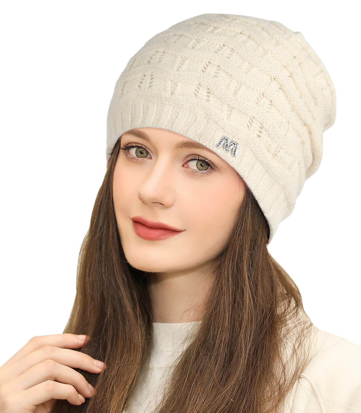 SuperoraLadies Warm Slouch Knit Winter Beanie Hat with Double Lining Elegant Beret Cap