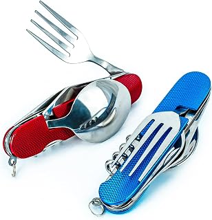 6-in-1 Multi-Function Camping Utensil Flatware Set Detachable Spoon Fork Knife Combo Mess Kit with Carrying Pouch (Blue + Red)
