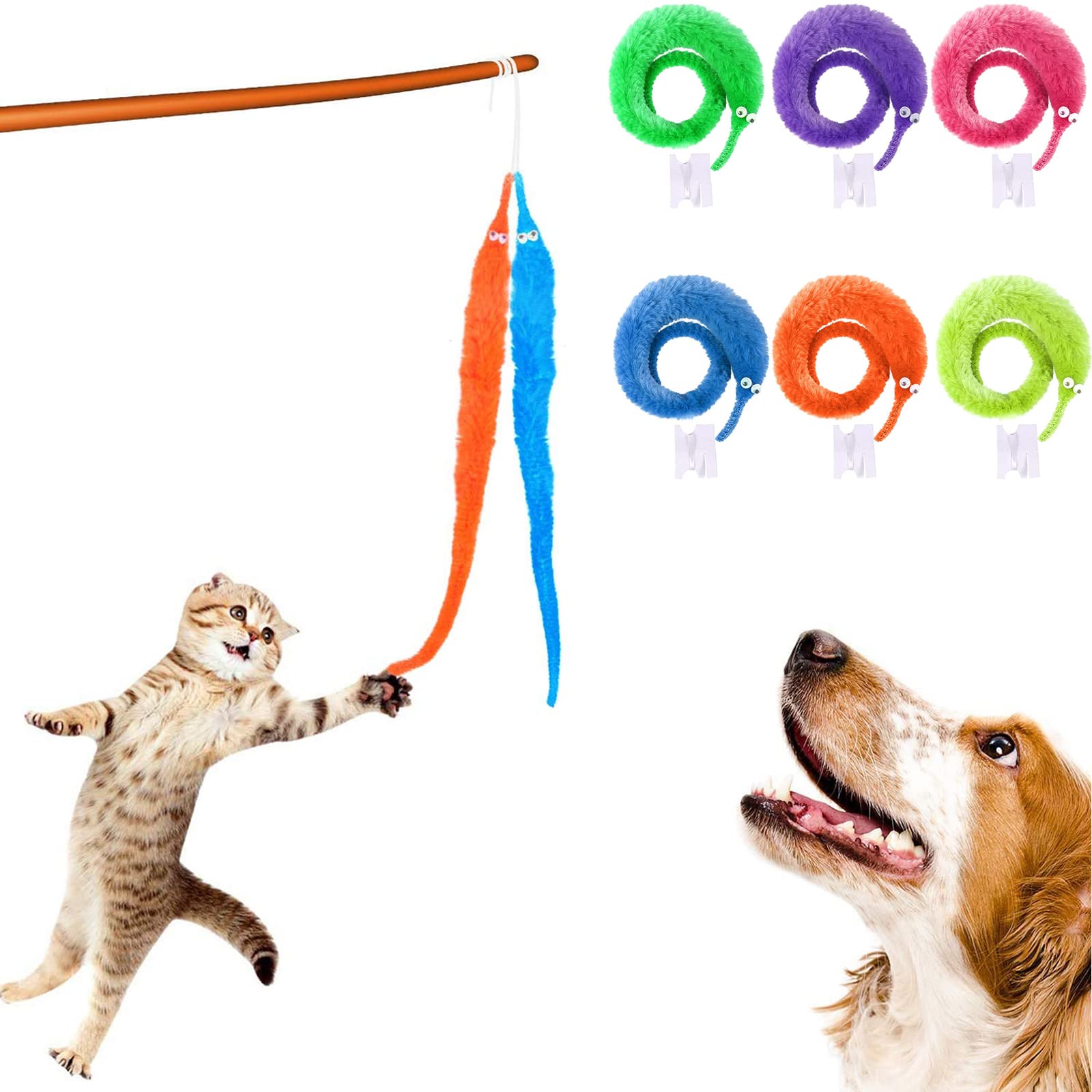 Magic 24 piezas de juguetes de gusano peludo, gusano de cuerda para mascotas, gusanos peludos en cuerda, juguete de truco, regalos de fiesta para niños y gatos (4 colores) 5