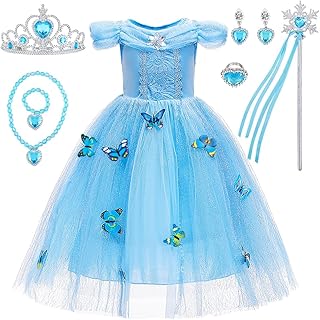 JAMATA Robe de Princesse Elsa pour Filles,Complet avec Couronne,Baguette de Fée,Collier,Bague,Bracelet,Paire de Clips D'oreille,Idéal pour Cosplay,Anniversaires et Carnaval,Taille 120 pour 4-5 Ans