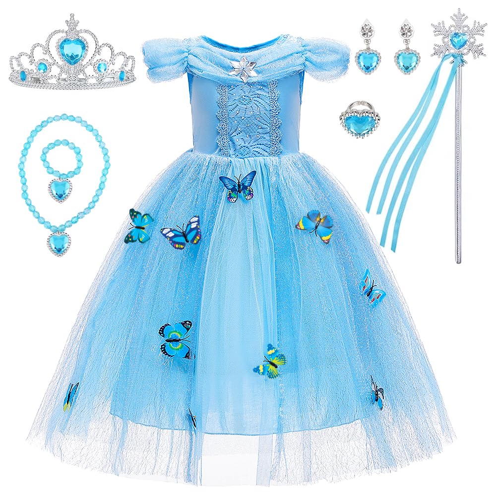 JAMATA Disfraz de Elsa Frozen para Niña 4-5 Años,Incluye Vestido de Princesa,Corona,Varita Mágica,Aretes,Anillo,Collar,Pulsera,Halloween y Fiestas de Cumpleaños,Cosplay,Tamaño 120