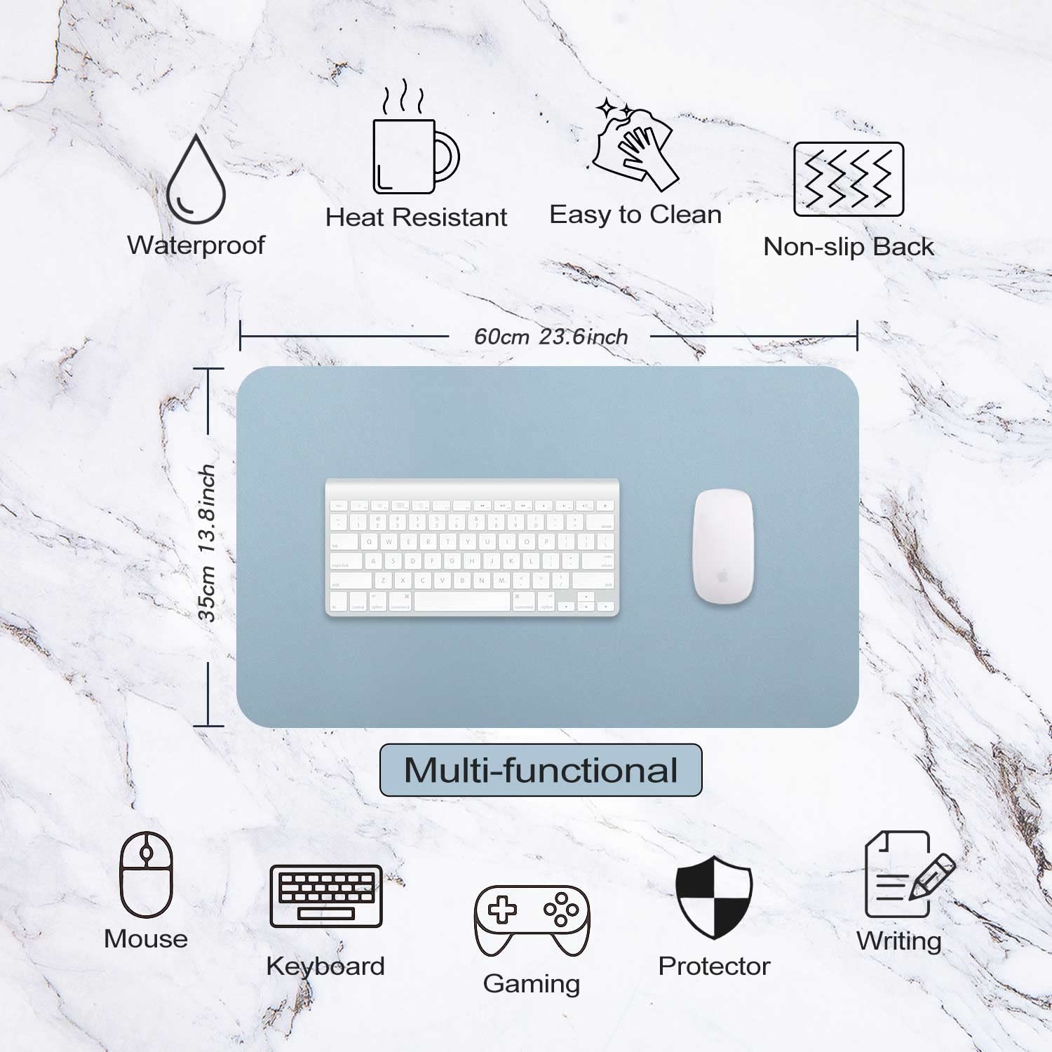 DOBAOJIA Sottomano da Ufficio, Tappetino da Tavolo, Tappetino Tastiera e Mouse, Tappetino PC Scrivania, per Casa/Ufficio, Pelle PU Impermeabile + Scamosciata Antiscivolo 60 x 35 cm (Blu Grigiastro)