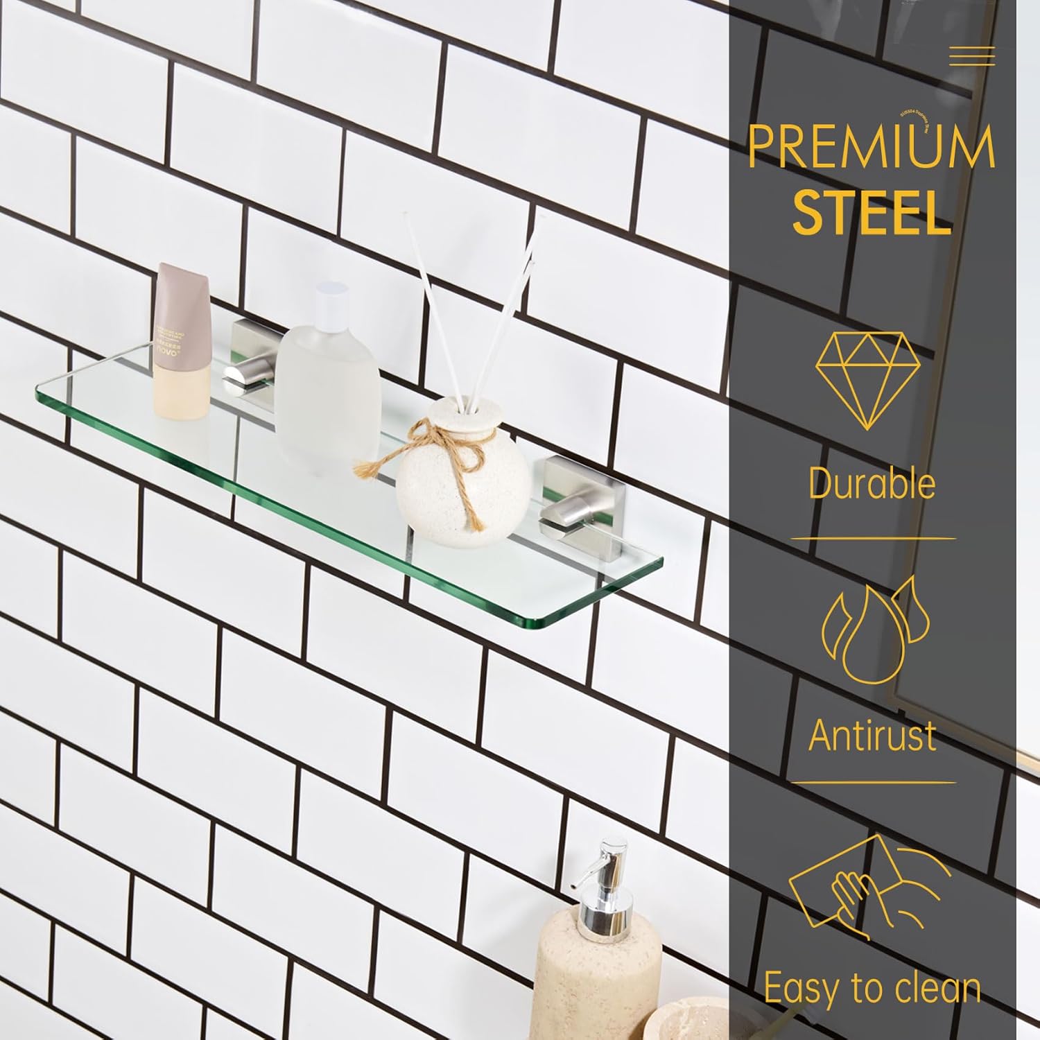 KOKOSIRI Glass Shelf for Bathrooms Floating Shelves Wall Mount 16-Inch for Shower Storage Kitchen Rack, 2 Pack Brushed Stainless Steel B1107BR-L16-P2