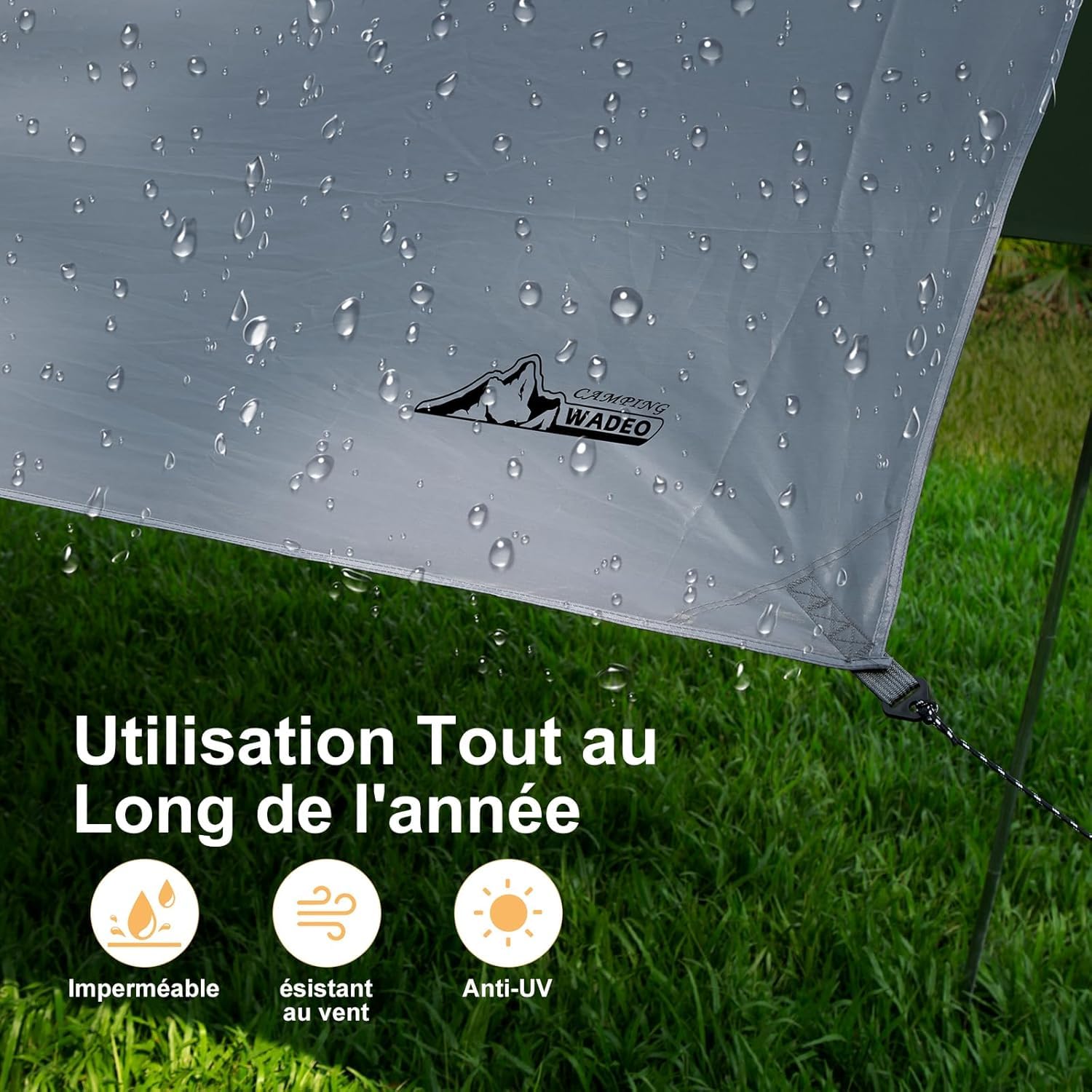 WADEO Bâche Anti-Pluie Plus Size 3.6x4.8m Camping Rain Tarp Toile Imperméable Légère avec Poteaux (Gris)