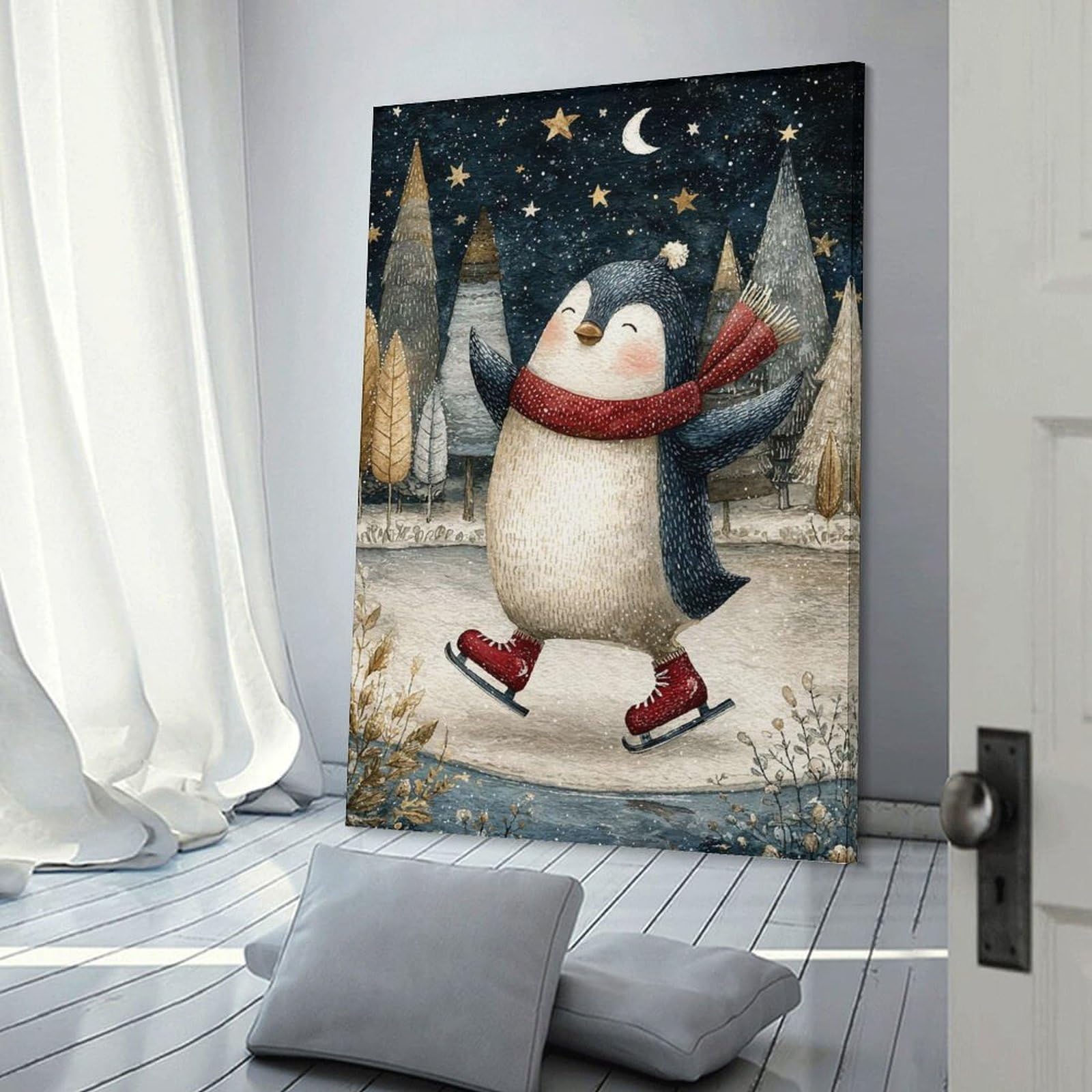 Junmoney Frame-Style-1 Penguin Ice Skating Winter Scene Canvas Wall Decor, 20X30inch(50X75cm), For Wall Displays, Bedrooms Or Room Updates, Wall Decor Suited To Curated Displays