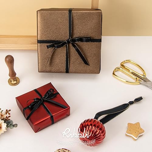 Miniatura 2 de Ribbli Cinta de satén negro con borde dorado, satén de doble cara de 14 pulgadas x 50 yardas, uso de cinta negra para manualidades, envoltura de