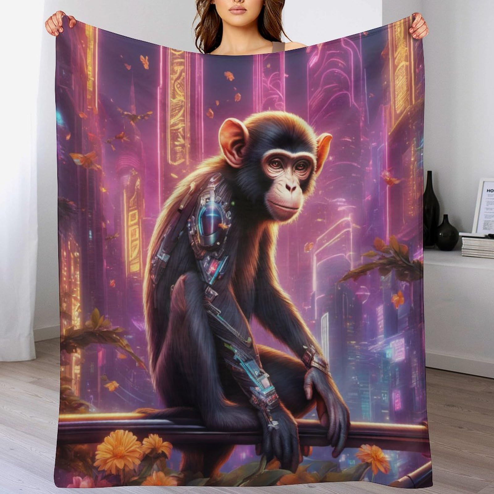 Manta de franela mullida térmica tacto suave y diseño de mono 3D lavable 150x200cm