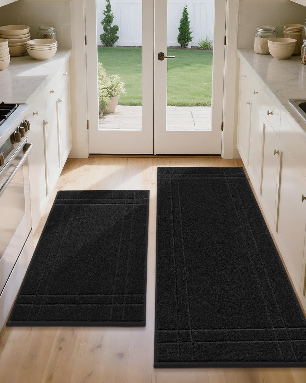 JSEI Kitchen Mats for Floor, Non-Slip Kitchen Rugs, Soft Washable Absorbent Kitchen Mats 2 PCS, Kitchen Runner Rug with TPR Backing, Polyester, 24"x36"+24"x60", Black