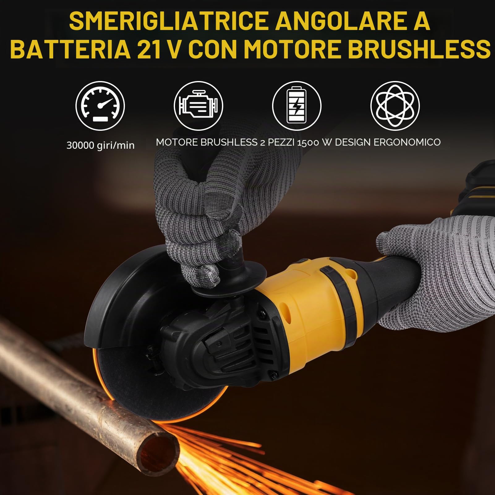 Smerigliatrice angolare a batteria da 21 V con motore brushless, batteria e caricabatterie, dischi da taglio da 125 mm per separare, levigare e lucidare, 30.000 giri/min (due batterie)