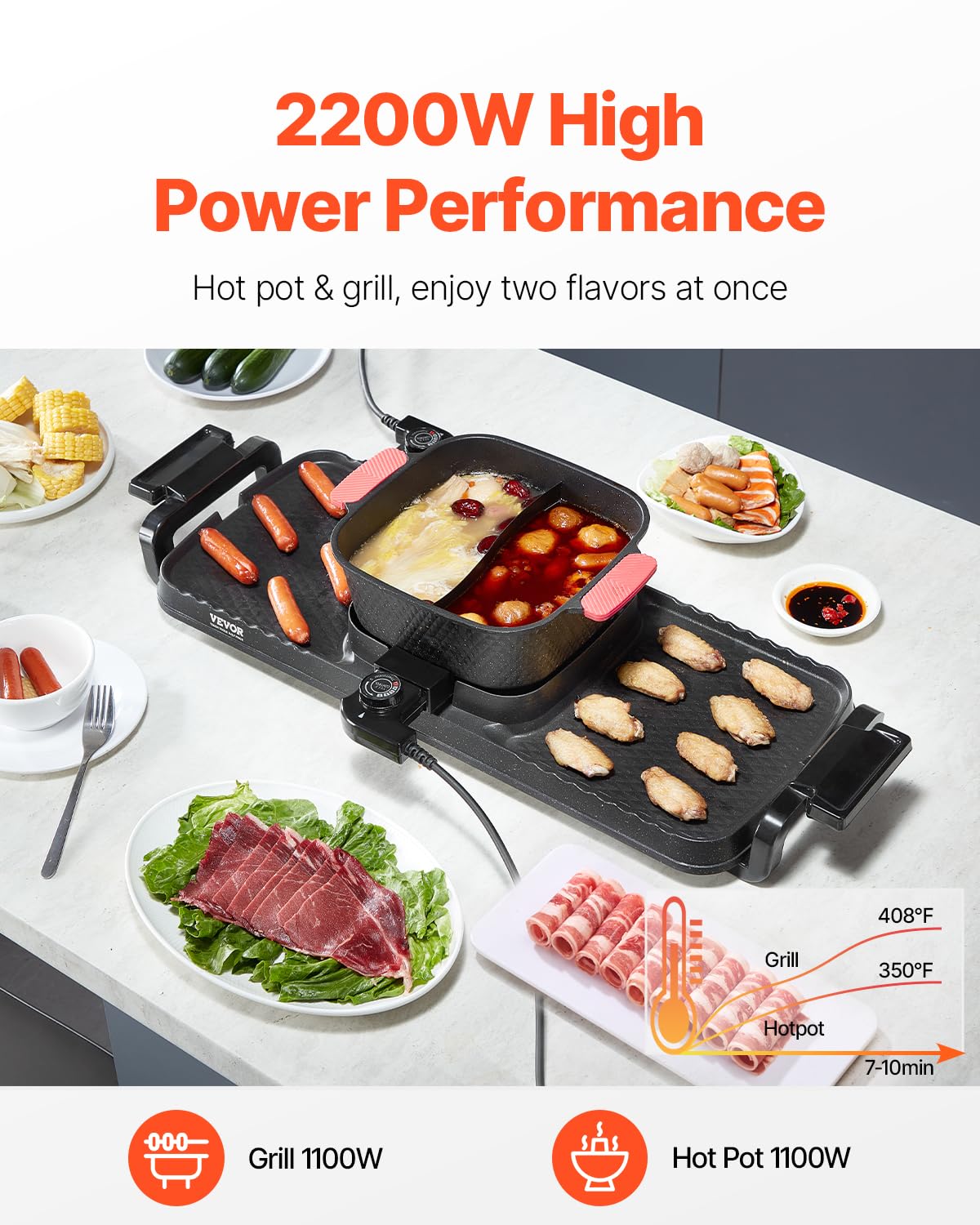 VEVOR Appareil à Fondue Chinoise Shabu Shabu avec Gril 2-en-1, Grill Électrique sans Fumée 2300 W, avec Marmite Amovible Antiadhésive, Double Contrôle de Température Séparé, Dîner en Famille