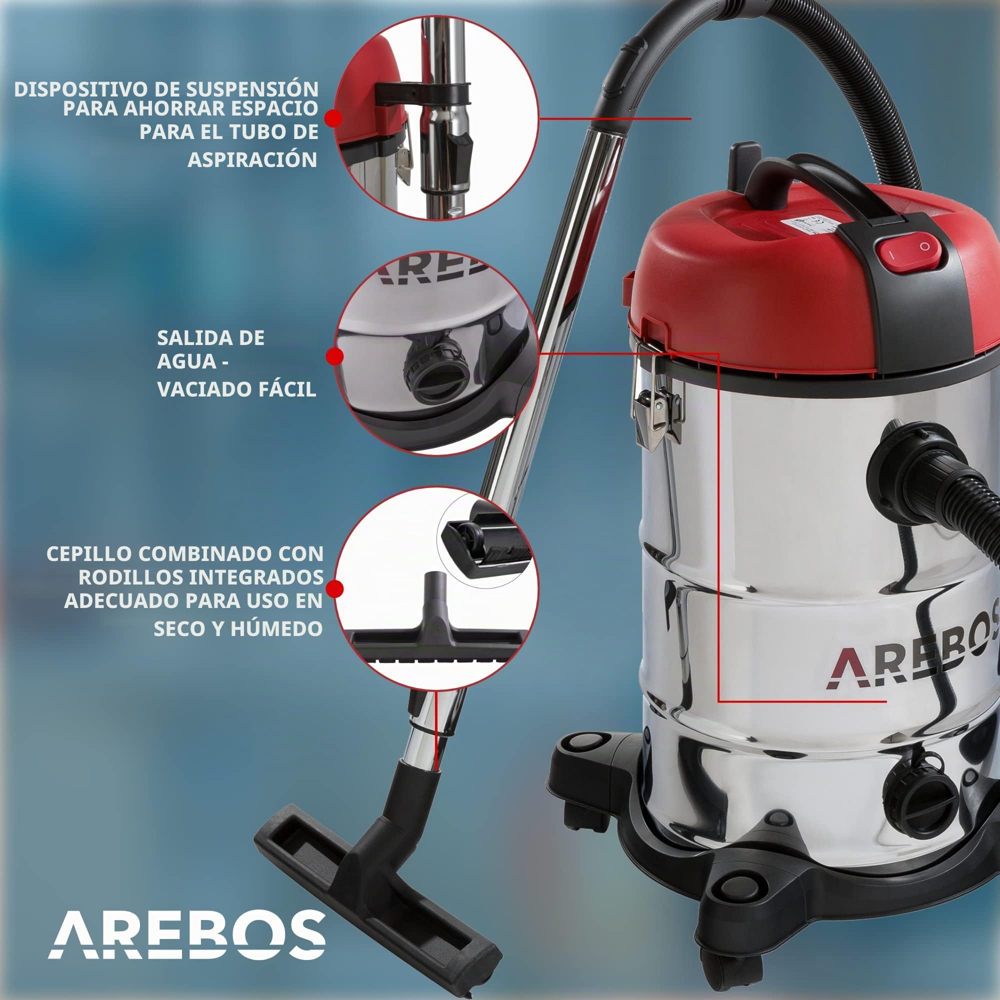 Arebos Aspiradora Industrial | aspiradoras potentes 1800 W | Potente aspiradora de Cenizas | aspiradora en seco y húmedo | con y sin Bolsa | depósito de 30 L | soplador de Hojas | Rojo
