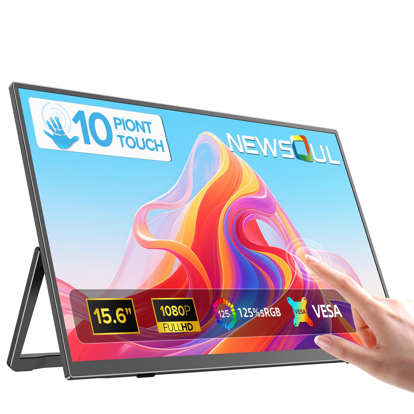 Newsoul 15,6" Przenośny monitor dotykowy, 10-punktowym dotyk z IPS 1080P 125% sRGB 1500:1, stojak 180° i VESA, złącze HDMI i USB-C drugi ekran do laptopa/PC/Mac/PS5/Xbox