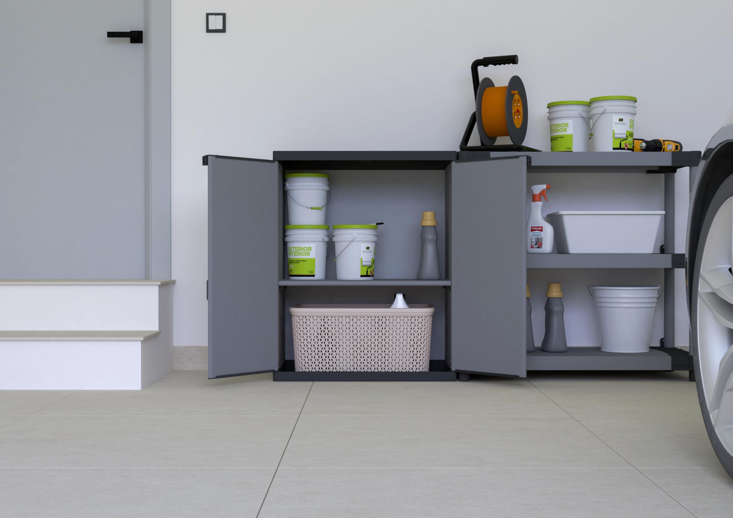 Adventa: Armadietto in resina di PVC e PP, 2 Ante, 1 Ripiano, Facile da Montare, Modular System, Resistente, Adatto ad ambienti Interni ed Esterni, 68L x 40P x 85H cm, Grigio e Nero