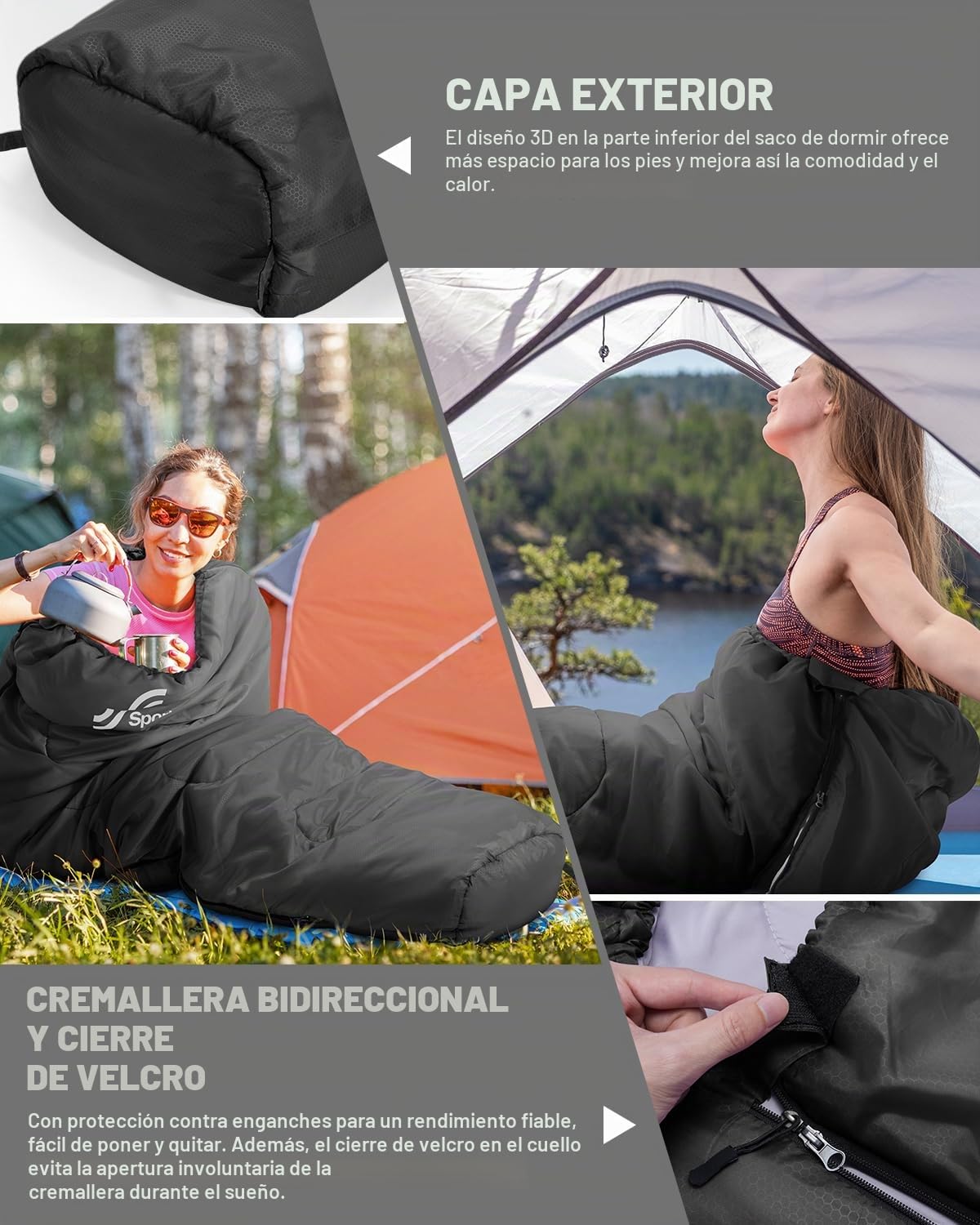 Sportneer Saco de Dormir Momia 3 Estaciones, Ligero y Cálido con Capucha y Cordón, Relleno Aislante