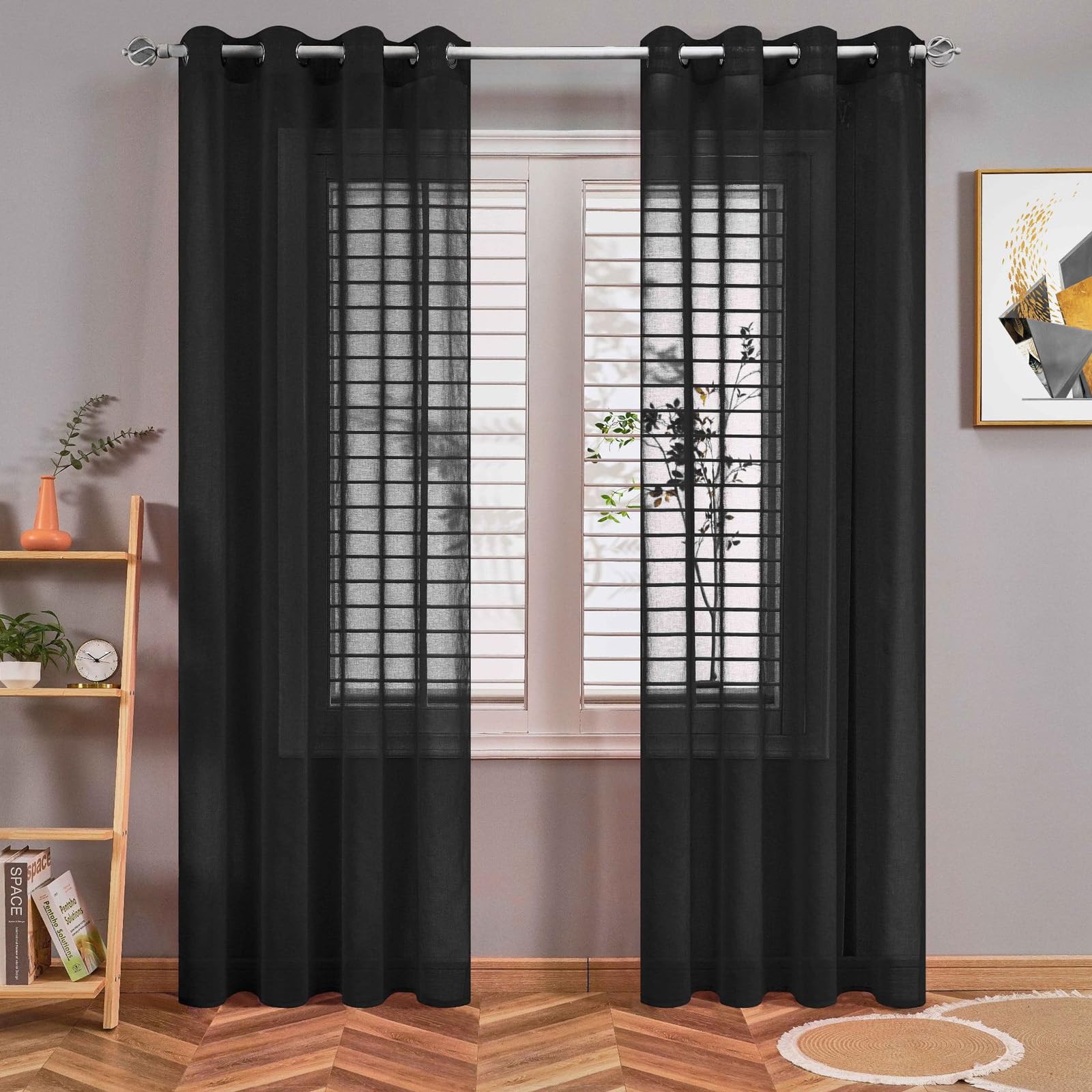 Voile Curtain 2 Panels Net Curtains for Windows, Light Filtering Sheer Curtains, Solid Color Semi Transparent Eyelet Panels for Bedroom Living Ro(Size:250x270cm/W 98" x L 106" (2 Panels),Color:Black)