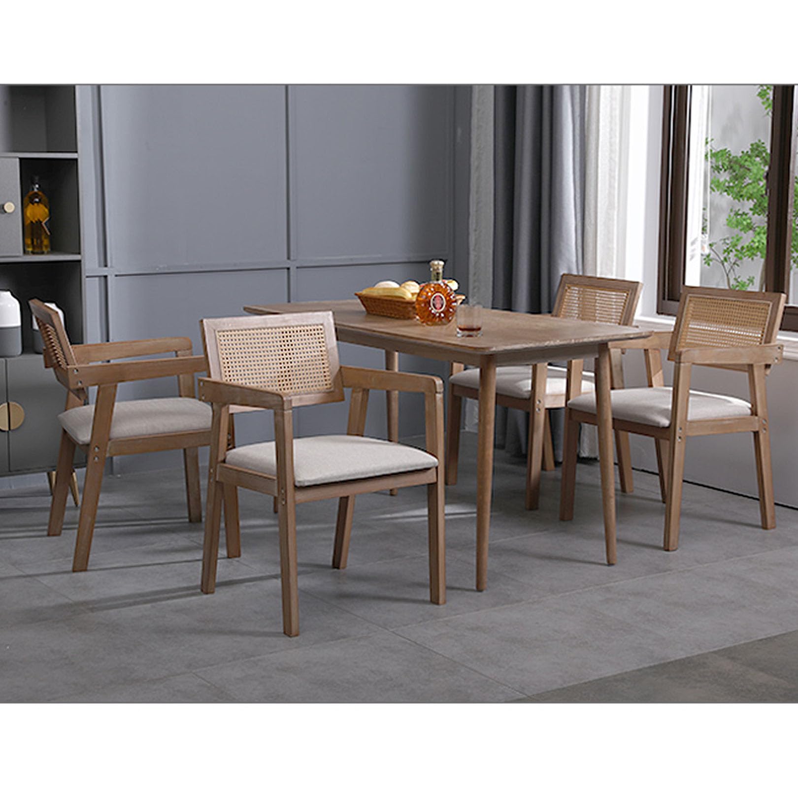 Esszimmerstühle 2er Set Retro – Holzgestell, Gepolsterte Leinensitzfläche, Rattan-Rückenlehne, Beige