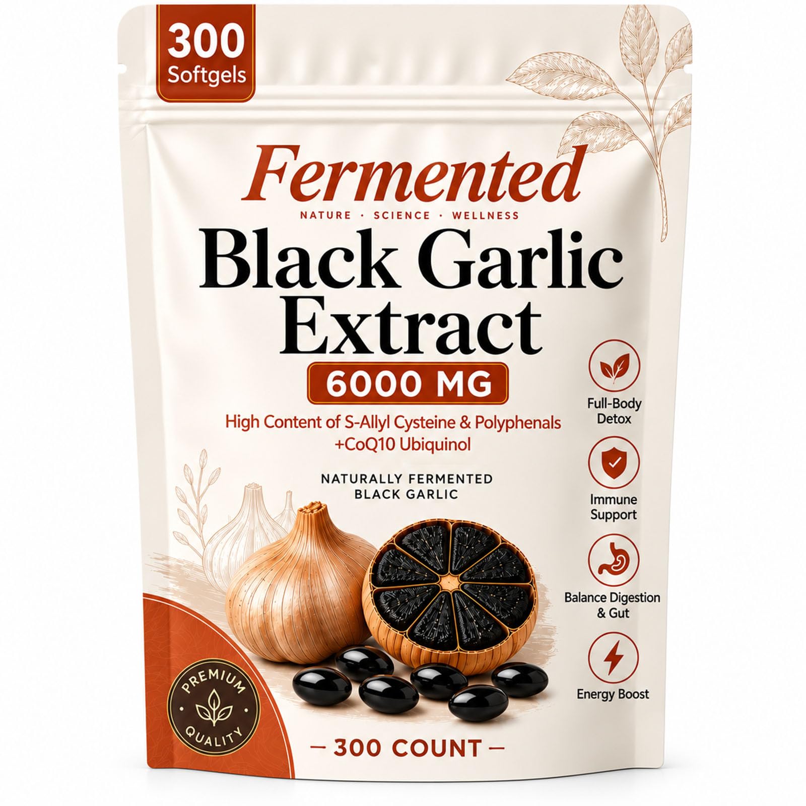 Fermented Black Garlic Extract, 90-Day Fermented Odorless Aged Garlic Supplement with S-Allyl Cysteine & Polyphenols, Immune Health, Gut Wellness & Antioxidant Support, Non-GMO, 300 Softgels 1