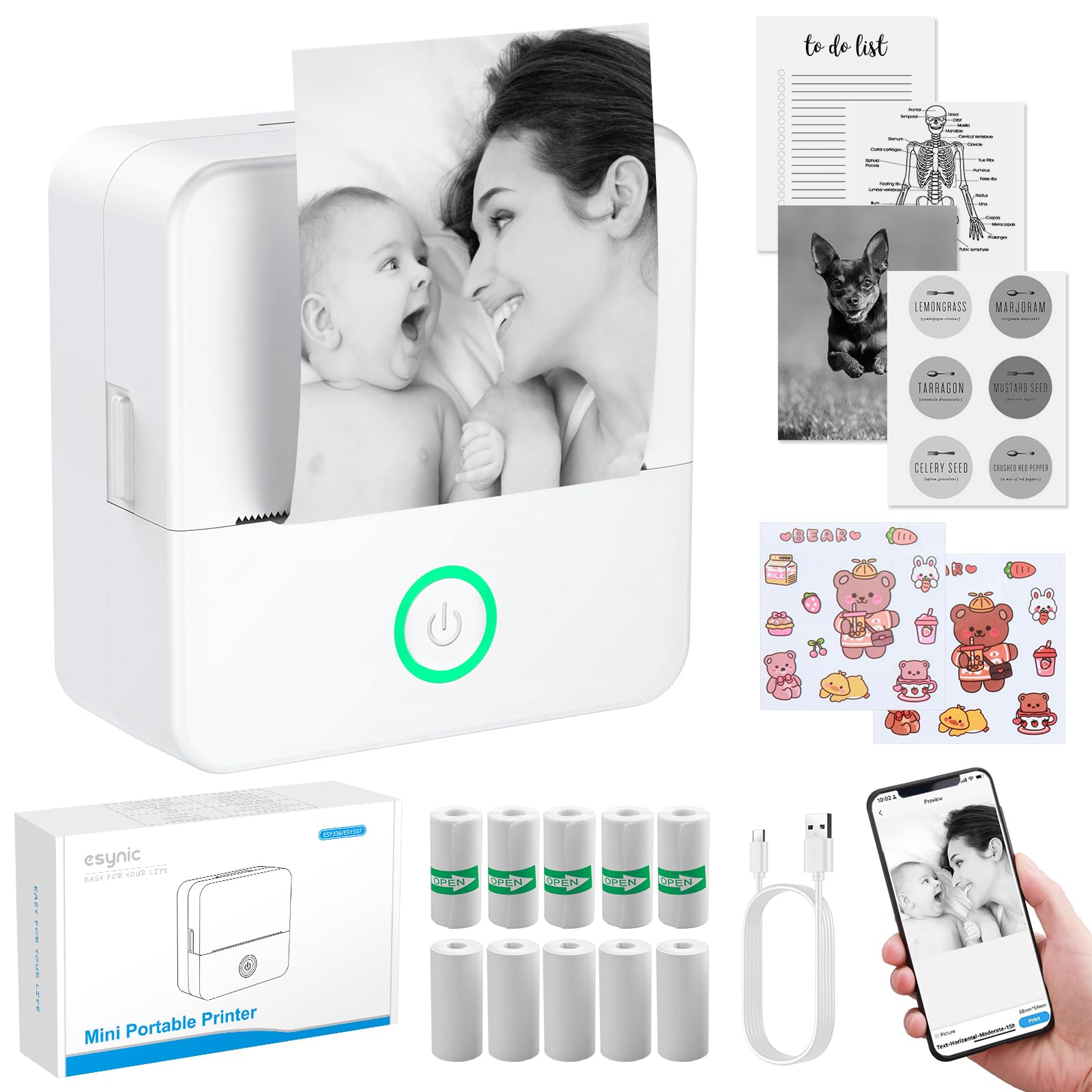 eSynic Portable Mini Sticker Printer-USB-C Rechargeable-Bluetooth Mini Printer-Lnkless Printing-210DPI Print Resolution-5 Rolls Adhesive & 5 Thermal Paper for Notes/Labels/Stickers/Photo-No Colorful