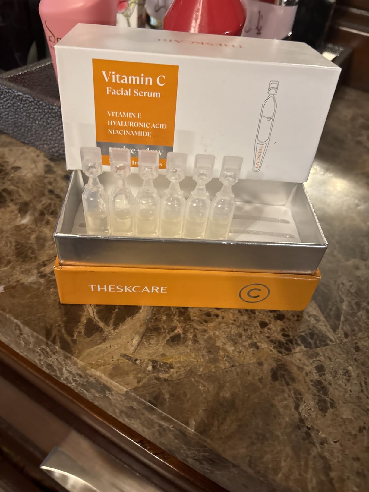THESKCARE Vitamin C Face Serum with Hyaluronic Acid,Glutathione,Vitamin E & Niacinamide, Anti Aging Facial Serum for Wrinkles & Dark Spots,Hydrating & Glowing,30 Ampoules
