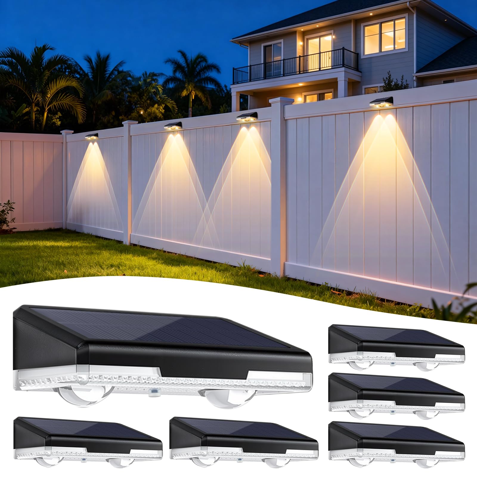 Lot de 6 lampes solaires de clôture d'extérieur pour jardin, 3 000 K/4000 K/6000 K, 3 modes, lampes solaires étanches pour extérieur, cour, balustrade, marche, patio, terrasse, escalier