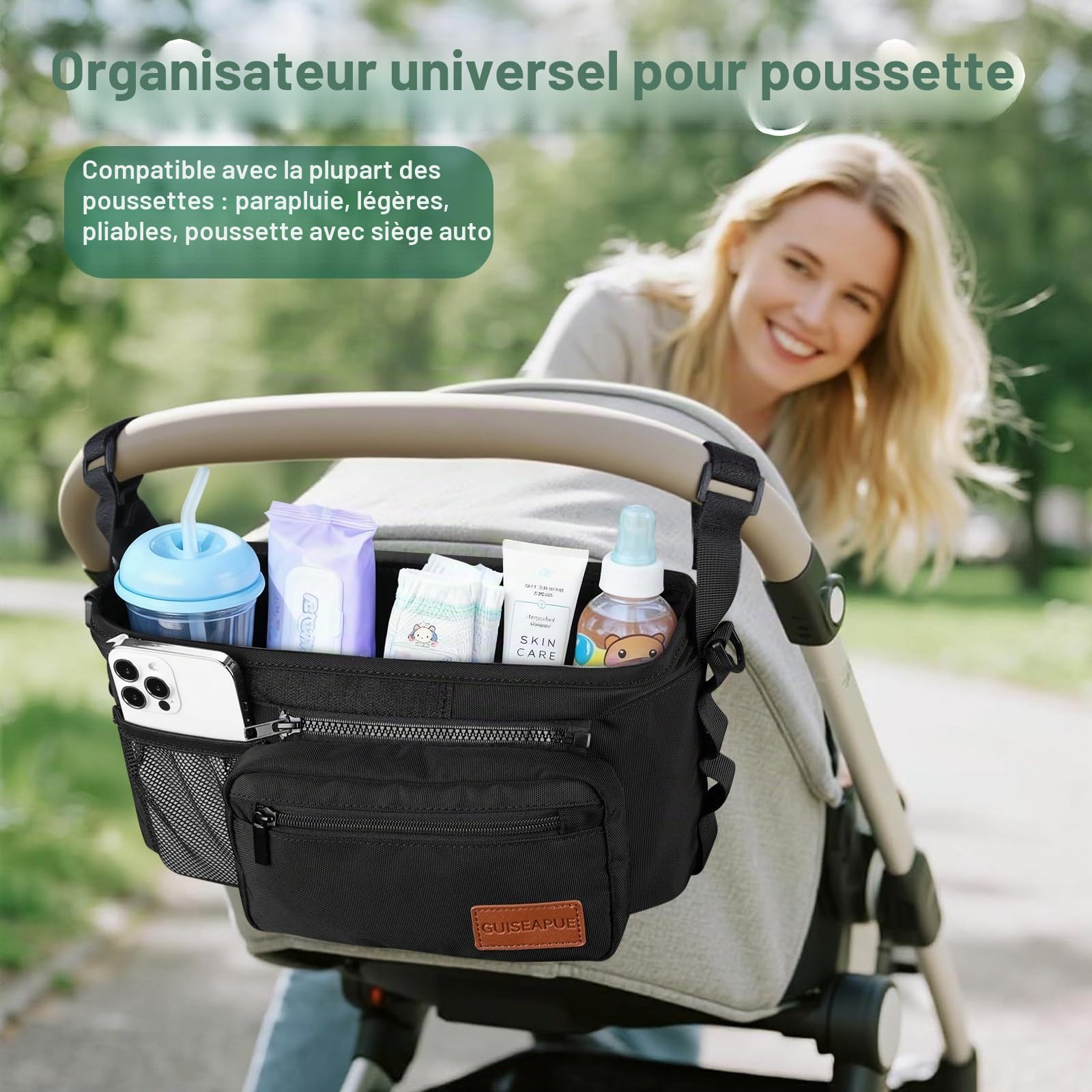 Guiseapue Organiseur universel pour poussette avec porte-gobelet : accessoires pour poussette avec sac amovible pour téléphone Uppababy, sangles antidérapantes, accessoires de déambulateur, cadeaux de