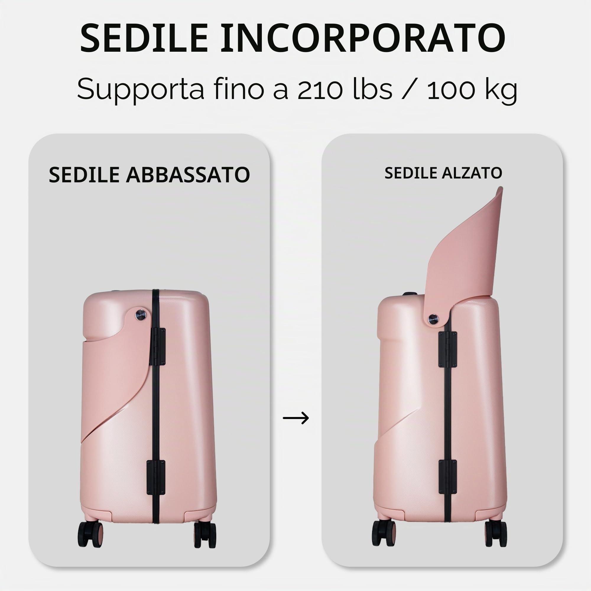 MiaMily Bagaglio a 4 ruote con sedile per bambini con cintura di sicurezza, tasca impermeabile, maniglia regolabile e corpo rigido con capacità di 43 litri
