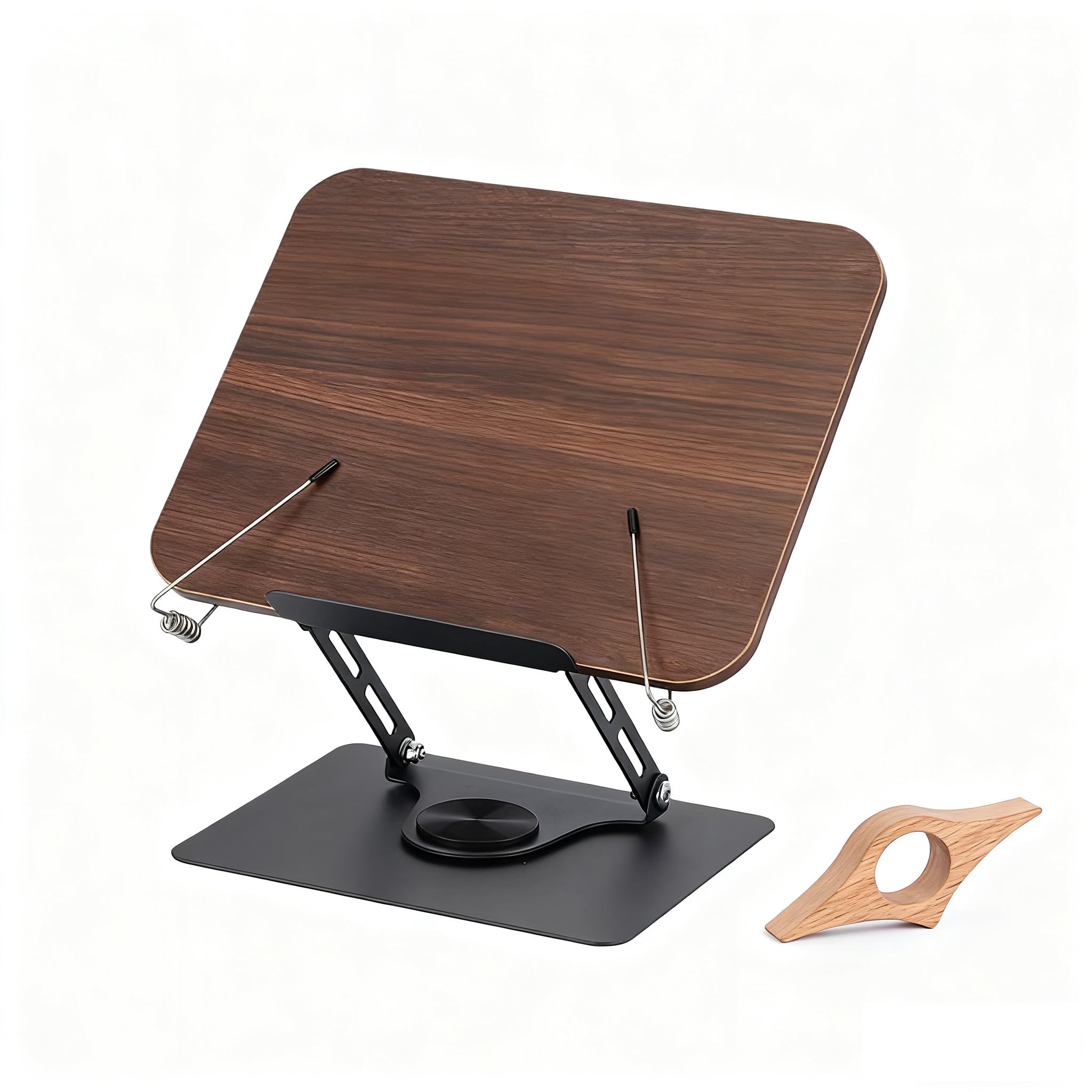 Leggio Girevole 360° Regolabile in Altezza | Supporto Libro e Tablet con Base in Metallo Stabile e Angoli Multiregolabili | Anello Fermapagina in Faggio | Per Lettura, Studio e Ricette