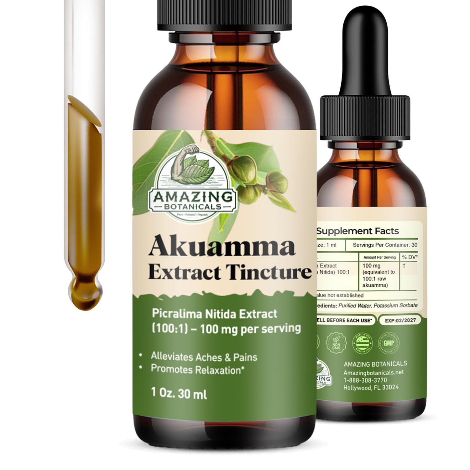 Amazing Botanicals Akuamma 100X Extract Tincture – 300,000 mg | | Picralima Nitida Herbal Extract | Vegan-Friendly, Alcohol-Free - 1oz/30ml