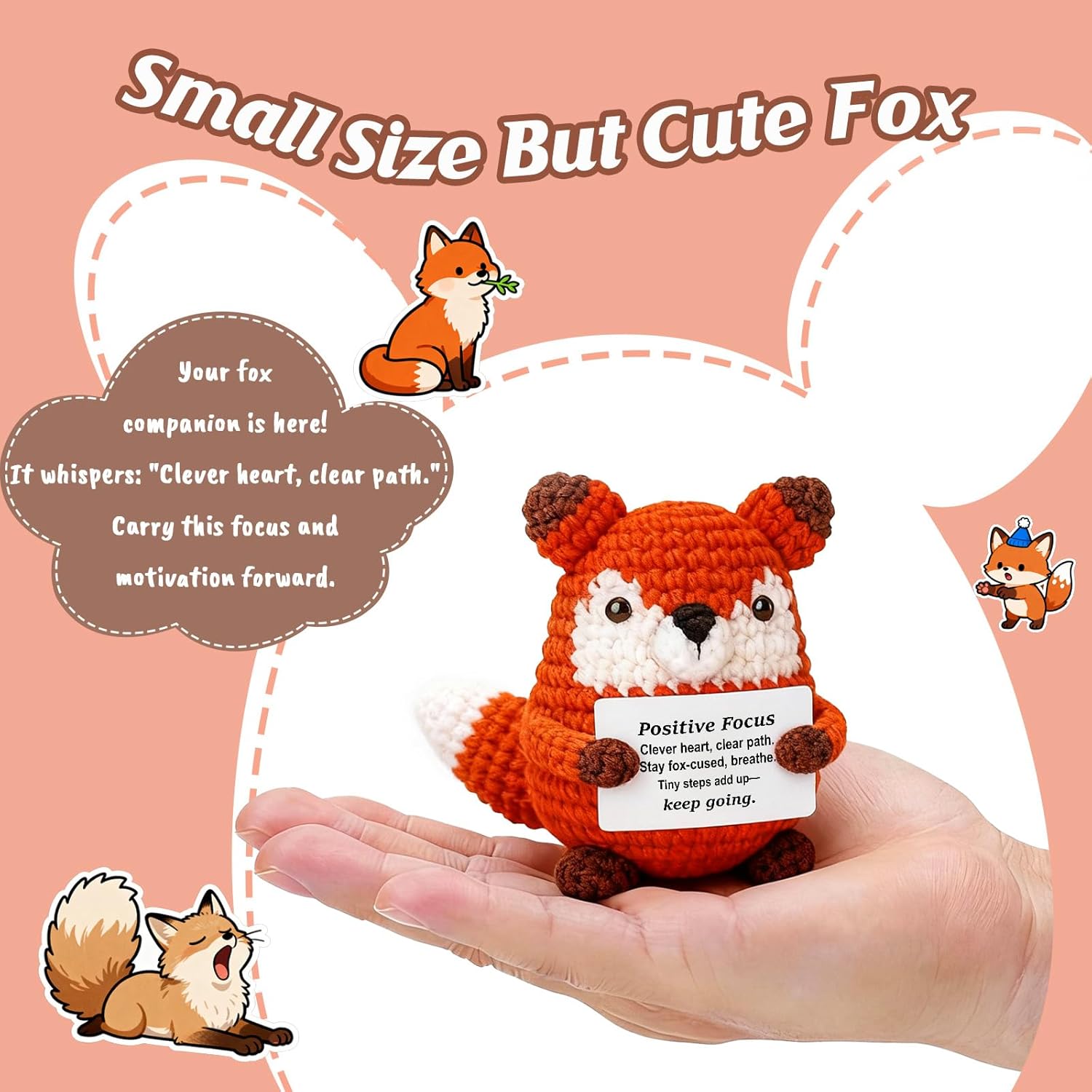 Focus Motivation – Mini Crochet Fox Plush with Story Card, Positive Study Work Gift, Kawaii Desk Decor, Year-Round Encouragement, Gift for Women Friend Coworker - Image 2