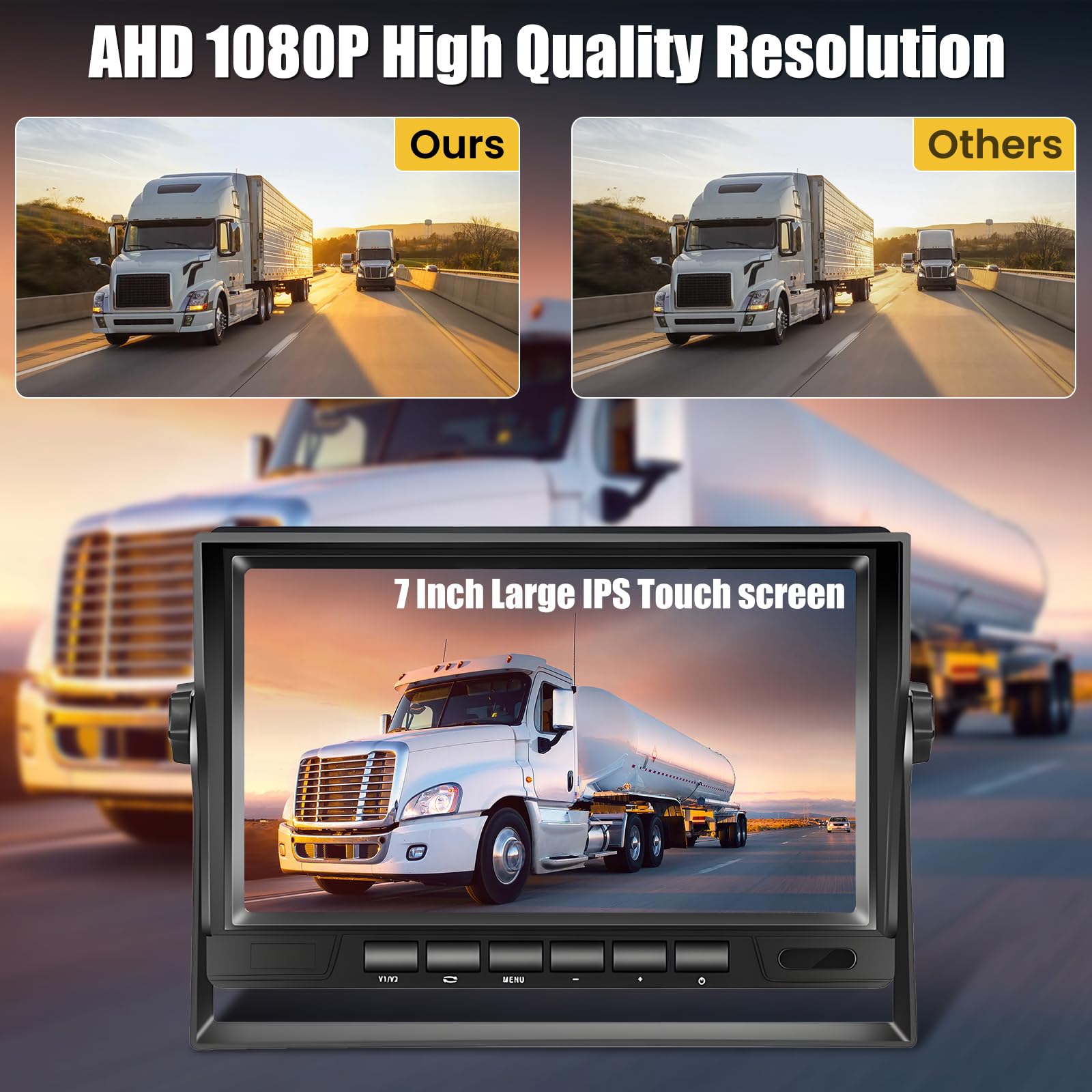 AHD 1080P Cámara de Retroceso Set para LKW Remolque Bus Van Agricultura | 7 Pulgadas LCD Monitor（12-24V）con IP69 Impermeable Visión Nocturna Auto Backup Cámara 33FT Cable 4 Pin Cable