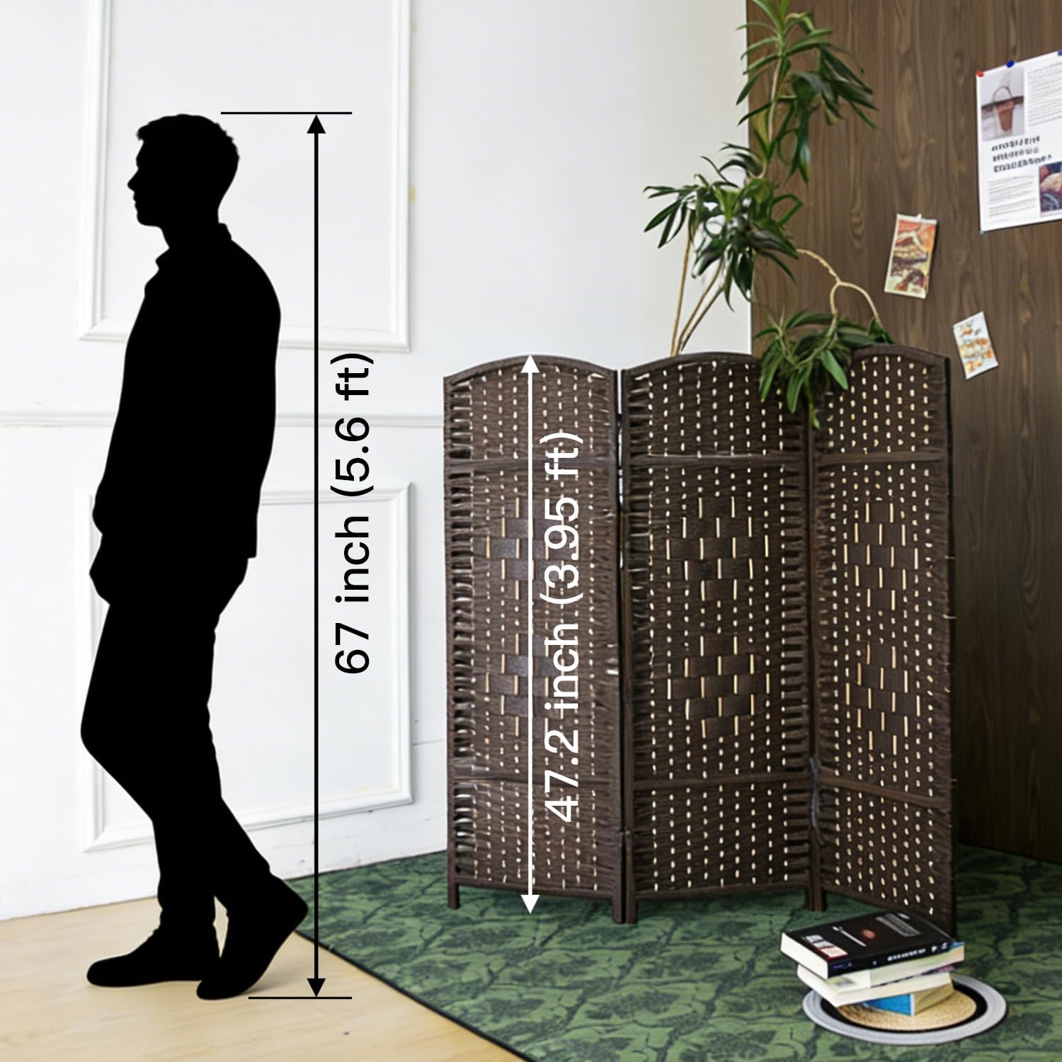 3 panel rattan divider short room partition screen,double sided folding divider for room separation,dark brown,47.2" h x 47.2" w dark brown 3 panel