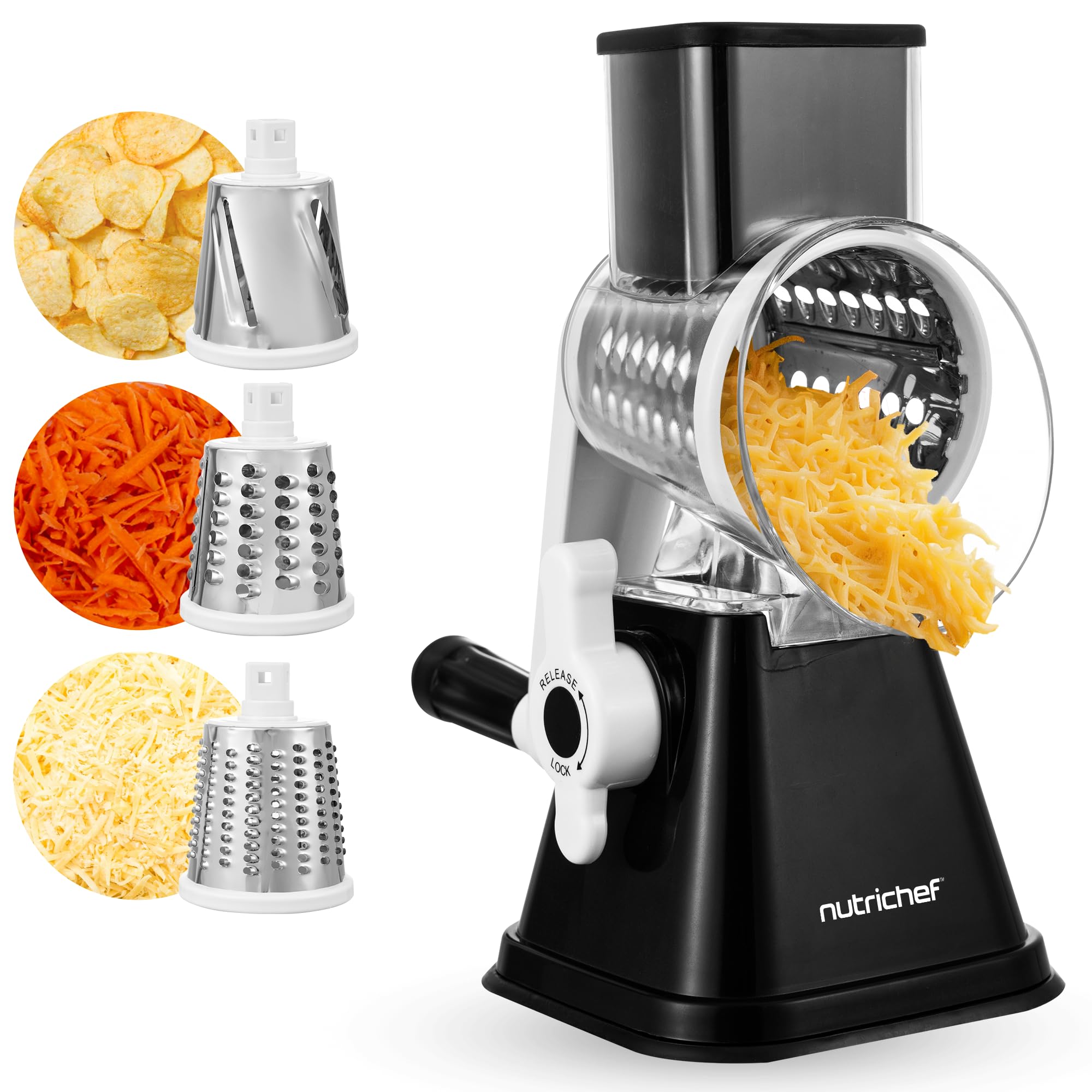 Nutrichef 3 in 1 Cheese Grater & Shredder | Strong Suction Base, Rotary Handle with Safety Lock | Includes Hand Crank & 3 Drum Blades for 3 Textures, Fine, Medium & Strips | Black