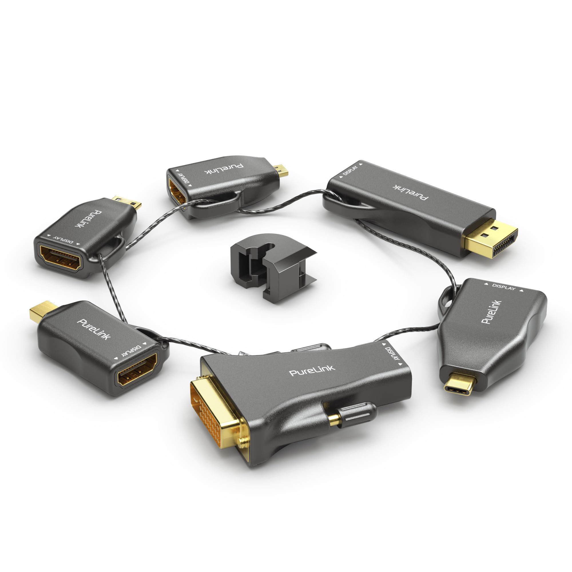 PureLink, HDMI-Adapter-Set, Adapter Ring, DisplayPort, mini DisplayPort, USB-C, mini HDMI, Micro HDMI und DVI auf HDMI, 4K Auflösung, Diebstahlsicherung, vergoldete Kontakte, schwarz