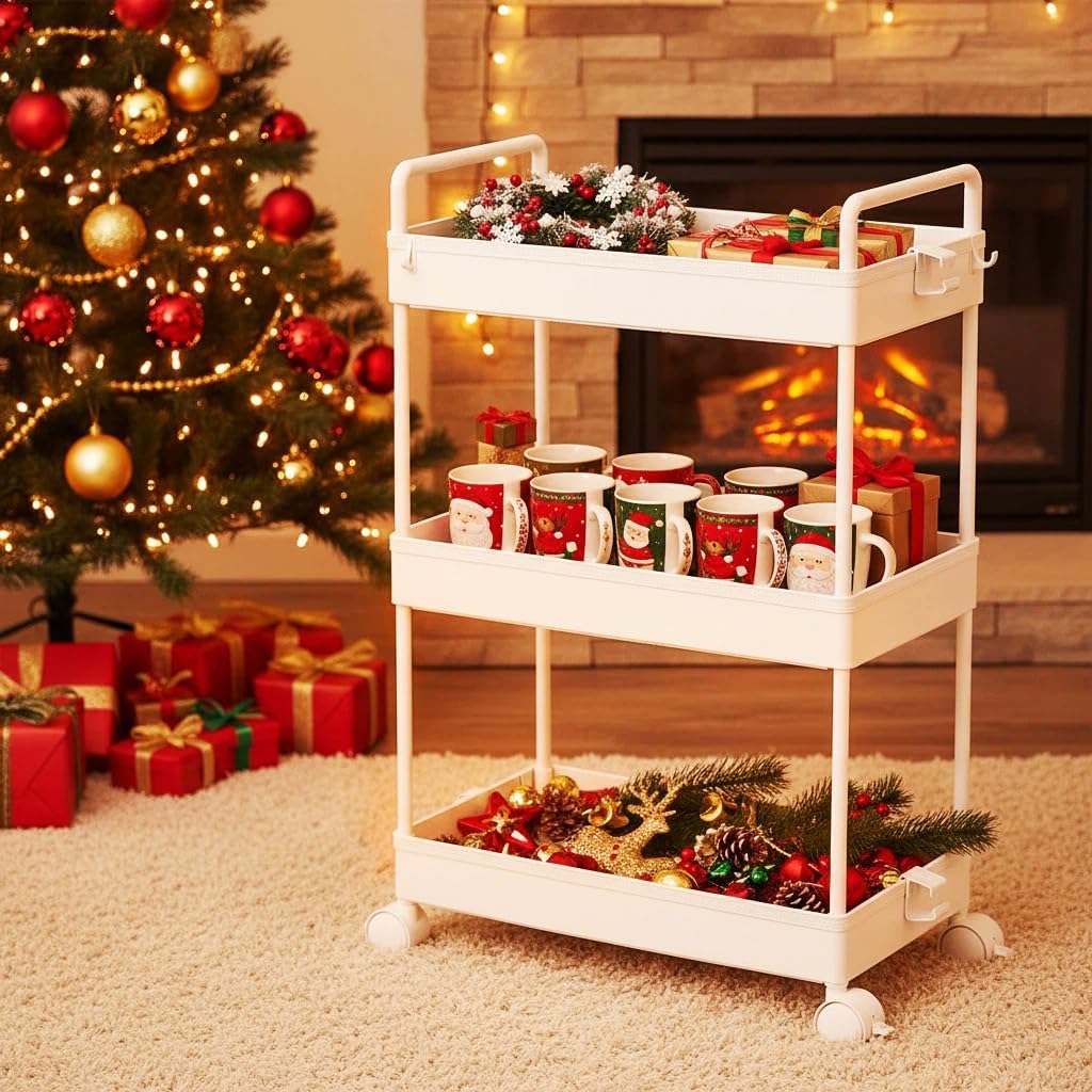 Ronlap 3 Tier Slim Rolling Storage Cart with Wheels Plastic Utility Cart Organizer for Snack Craft Art Postpartum Baby Diaper Nail Makeup in Bathroom Laundry Room Kitchen Bedside Narrow Space, White