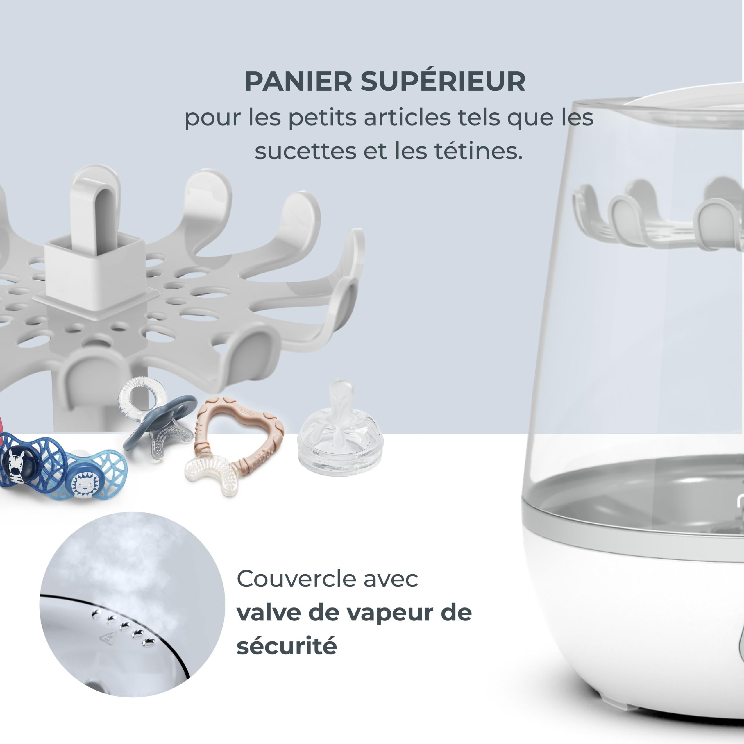 Nuvita STERIEASY 1083 - Sterilisateur Biberons Electrique à Vapeur - Stérilise 6 Biberons en 6 min - Plateau Chauffant en Inox Facile à Nettoyer - Sans BPA - Marque Européenne