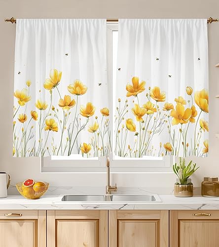 Miniatura 44 de Cortinas de Cocina (2 Piezas) Sobre el Fregadero para Ventana de Baño Café Sótano Cortinas para Cocina Granja Cortina Corta Mini Flor Abeja Verano