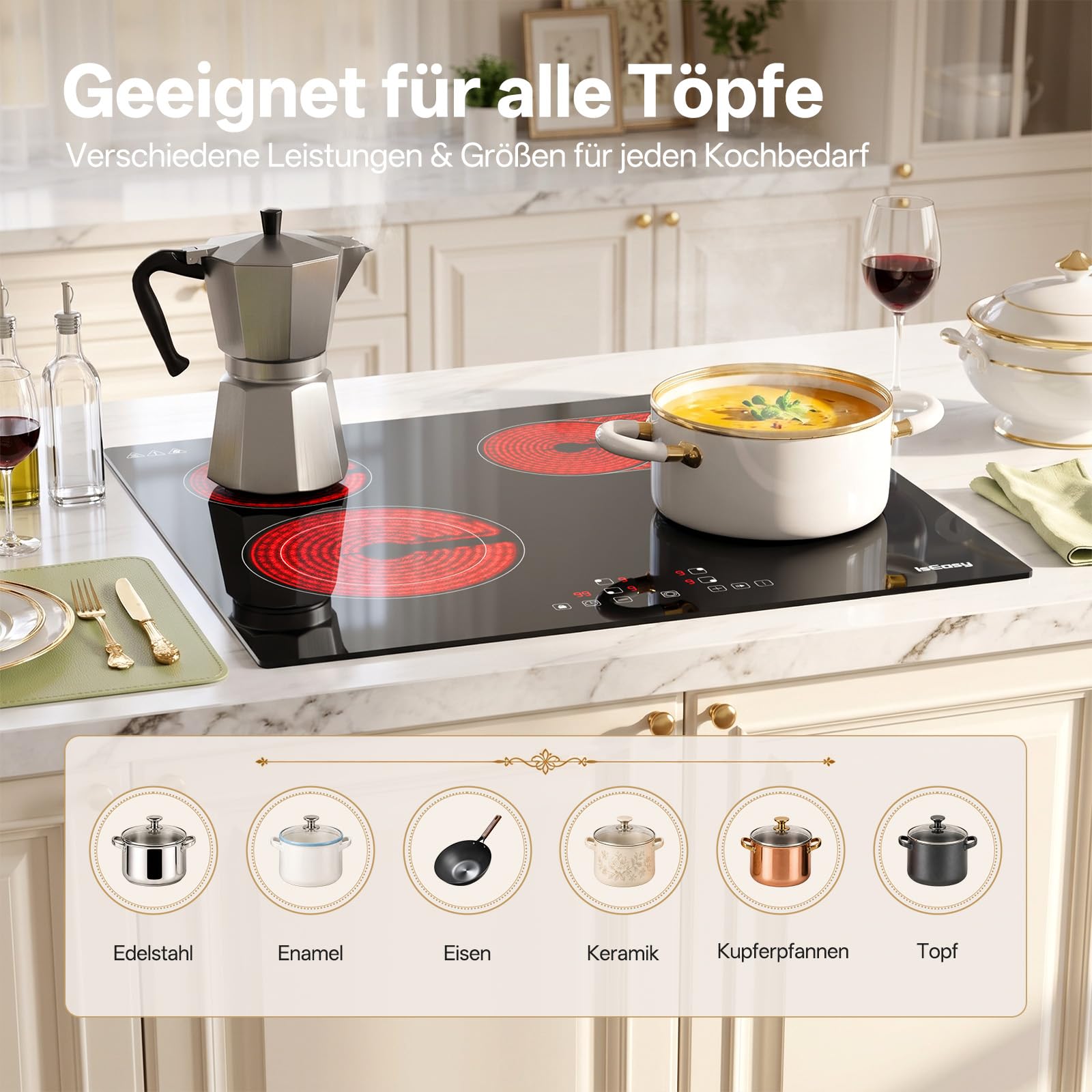 IsEasy Glaskeramik-Kochfeld 60 cm (6600W) – Autarkes Elektrokochfeld 4 Zonen mit Touch-Steuerung Mit Flexibler Oval- & Doppelringzone | 9 Leistungsstufen