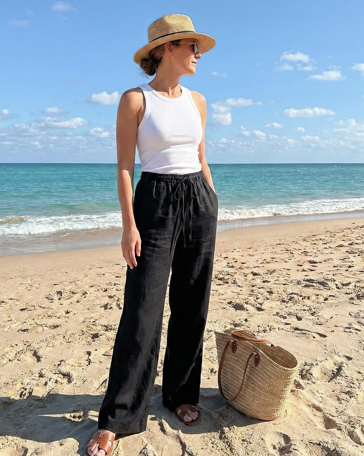 Zylioo Pantalon haut en lin pour femme, 1,8 m, léger, coupe décontractée, pantalon décontracté pour femmes de grande taille, jambe droite