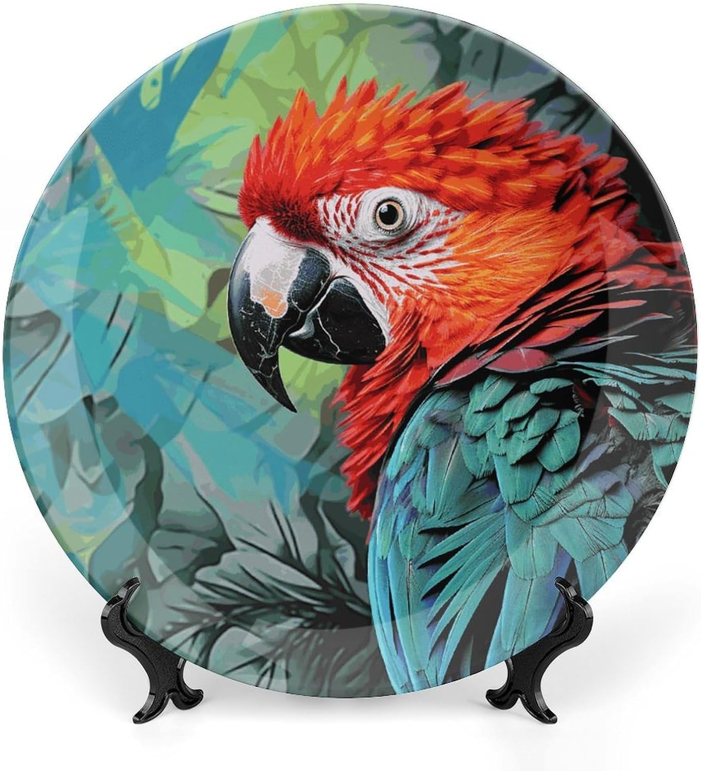 Colorful Parrot Bone China Decorative Plate with Display Stand, Ceramic Ornaments Plate for Wall Hanging, Personalized Porcelain Plates for Office, Living Room 8inch