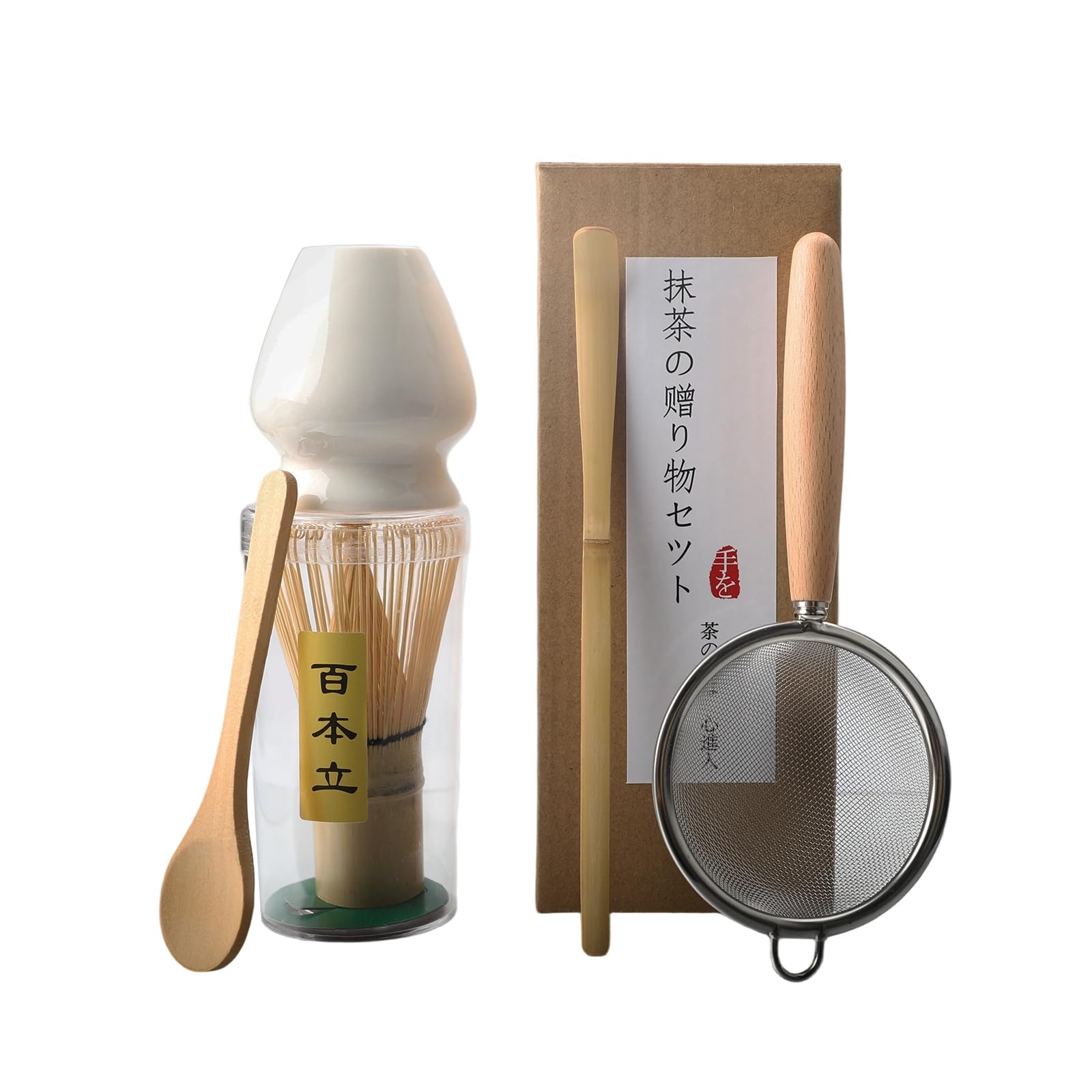 Kit Matcha 5 Pièces (bol, Fouet Chasen, Tamis, Cuillère, Support) - Rose, Céramique Et Bambou - Cérémonie Du Thé