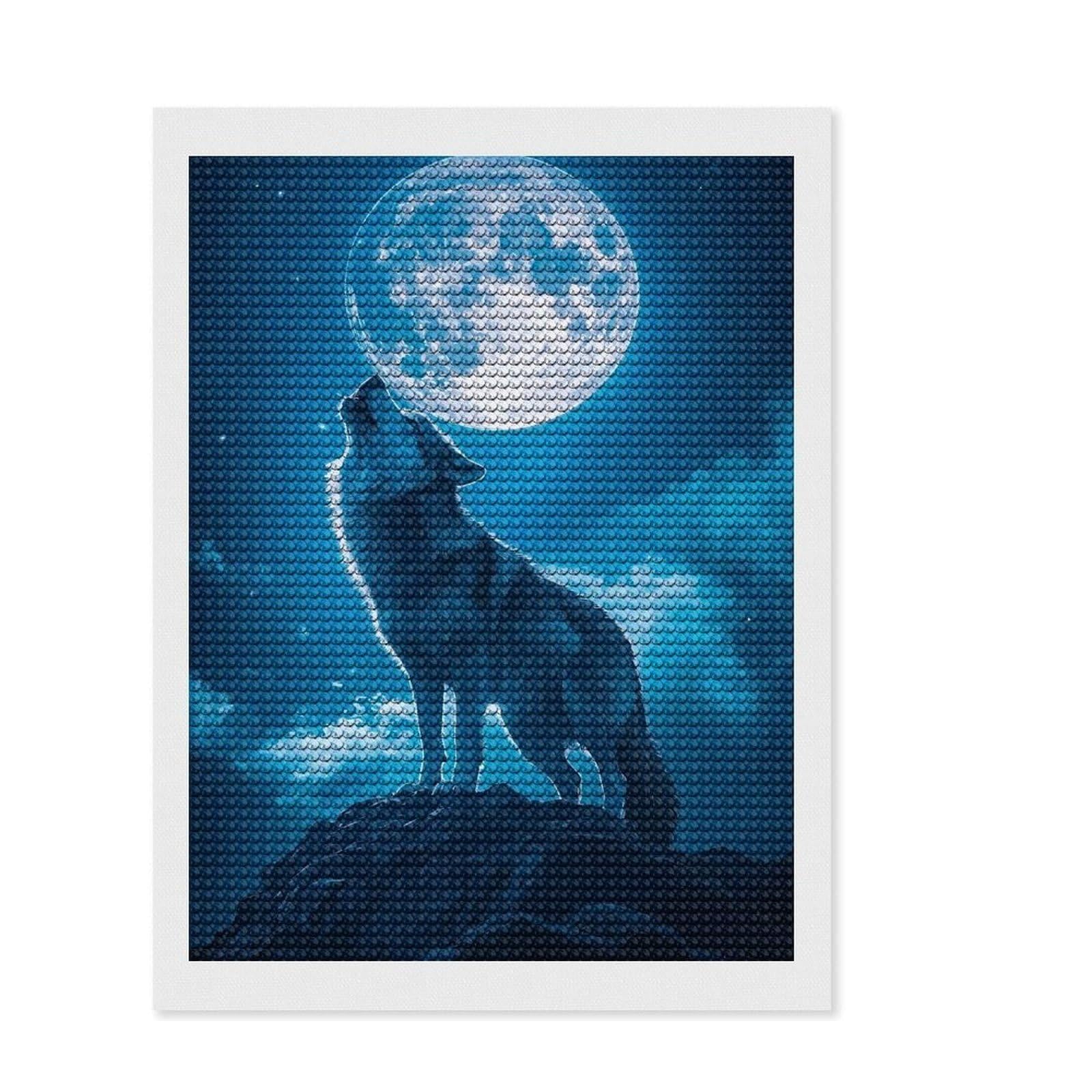 Junmoney Wolf Howling at The Moon Crystal Diamond Art Kit 12"x16", Cute Room Decor, Stress Relief Craft, Artistic Hobby, Vintage Style Decor